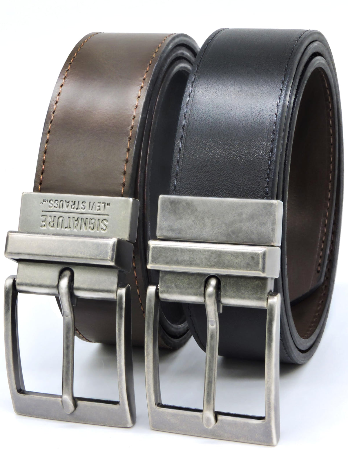 Levi Strauss Signature - Premium Leather Reversible Belt for Men for Jeans, Work, Dress & Casual pants | Cinturon Para Hombre (Brown/Black/Stitch Creased Edge, 46-48)