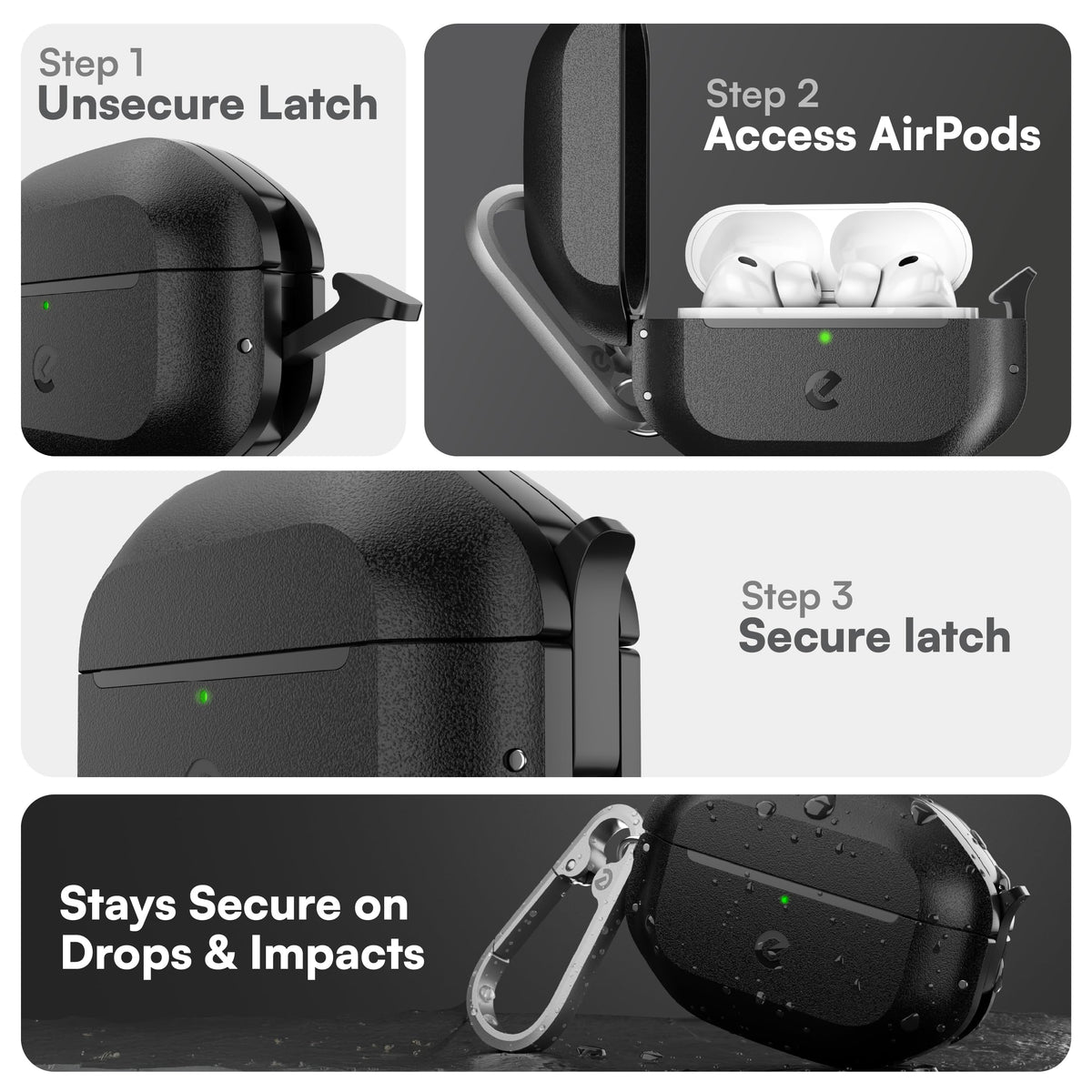 Keybudz for Waterproof AirPods Pro 3 Case with Lock - IP68 Waterproof and Dust Proof, Shockproof Protector, Heavy Duty Rugged Protection, Drop Proof Hard Cover for AirPods Pro 3rd Gen (Carbon Black)