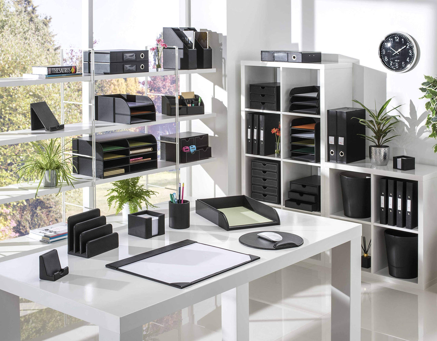 OSCO Black Faux Leather Letter Holder | Mail Sorter | Post Rack | Envelope Organiser | Document Stand | Desk File Storage | Display Slots | H14 x W17.5 D10 cm |