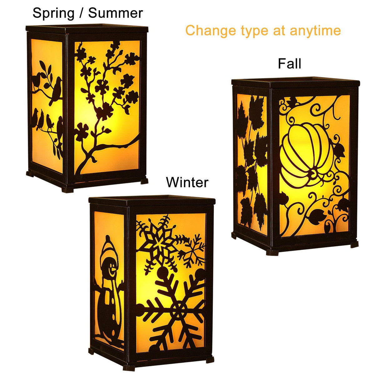GiveU Decorative Led Candle Lantern with Timer Rustic Candle Lantern with Twelve Magnetic Seasonal Themed Panels ,5 x 5 x 8.5" Black