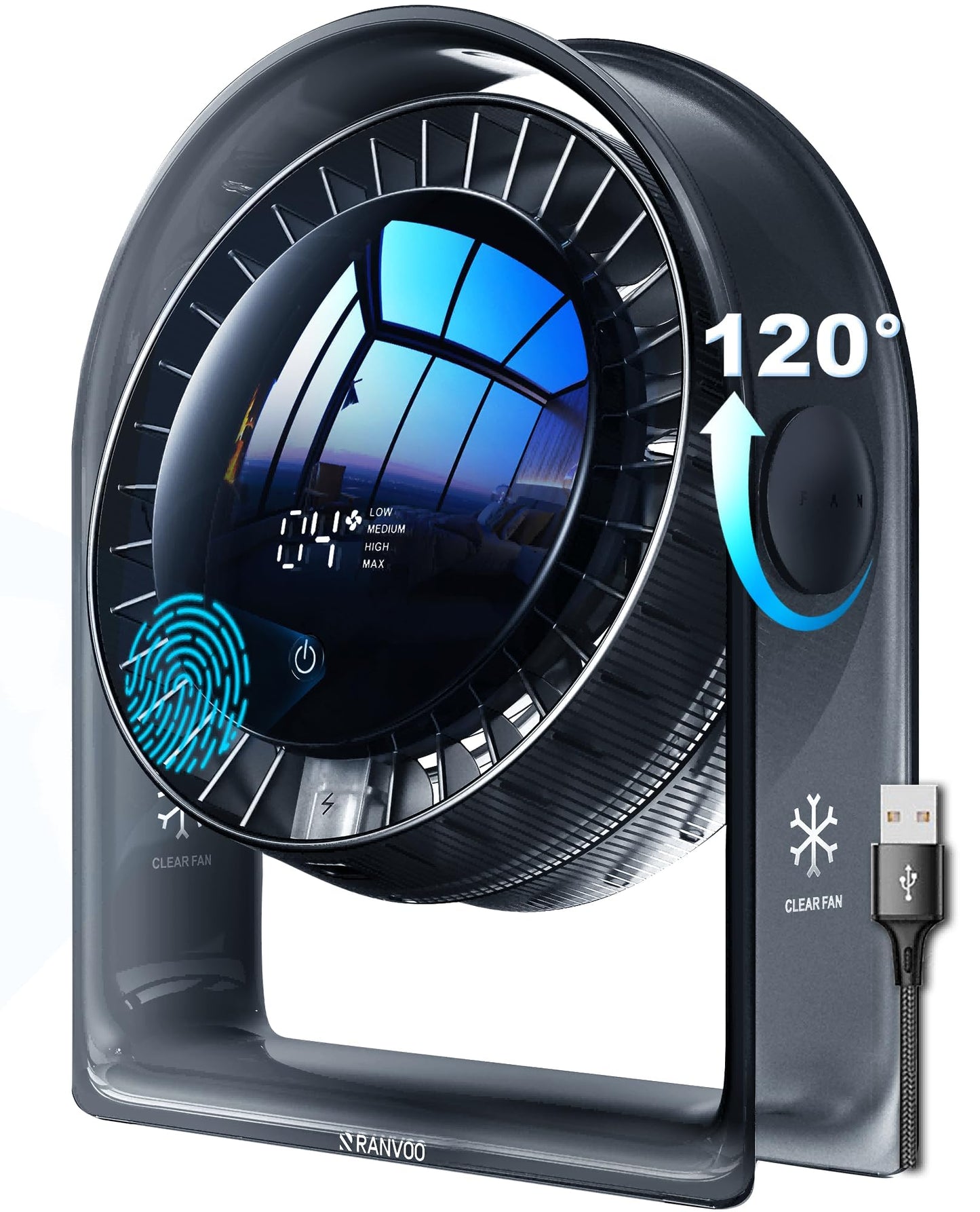 2026 New Desk Fan, Quiet Air Circulator Mini Fan for Bedroom, Portable Smart Display USB Fan, 4 Speeds Strong Airflow, 120°Tilt, Small Desktop Table Fans For Office Bedside Room, Translucent Black