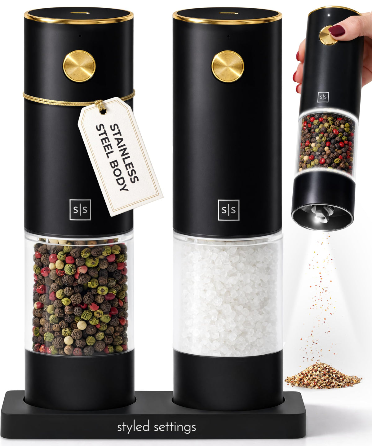 Electric Salt and Pepper Grinder Set Rechargeable – Black and Gold Salt and Pepper Shakers with USB-C Charging, Adjustable Grind, LED Light, One Touch Control, Stainless Steel Body