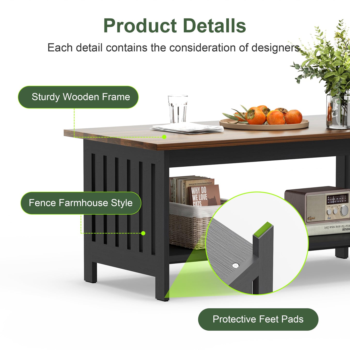 YOSHOOT 39.4" Farmhouse Coffee Table - Coffee Tables for Living Room, Small Coffee Table with Storage, Center Table for Living Room, Bedroom, Office, Black