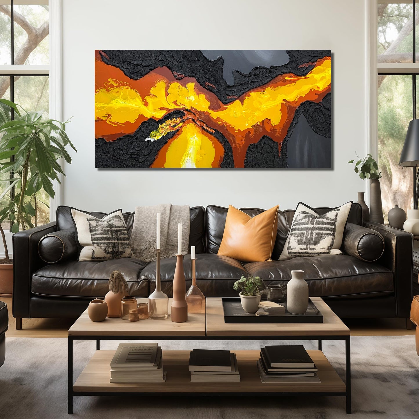 Abstract Lava Flow Canvas Wall Art for Living Room, Black and Gold Yellow Wall-Decor for Bedroom, Modern Textured Volcanic Landscape Paintings for Hallway Office, Size 58x29 Inches Hand Painted