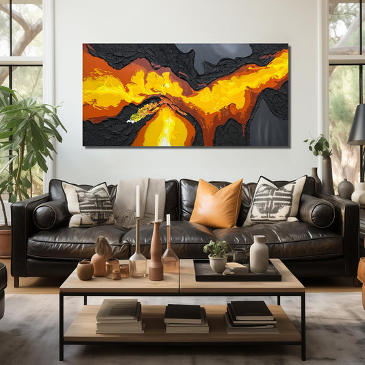 Abstract Lava Flow Canvas Wall Art for Living Room, Black and Gold Yellow Wall-Decor for Bedroom, Modern Textured Volcanic Landscape Paintings for Hallway Office, Size 58x29 Inches Hand Painted