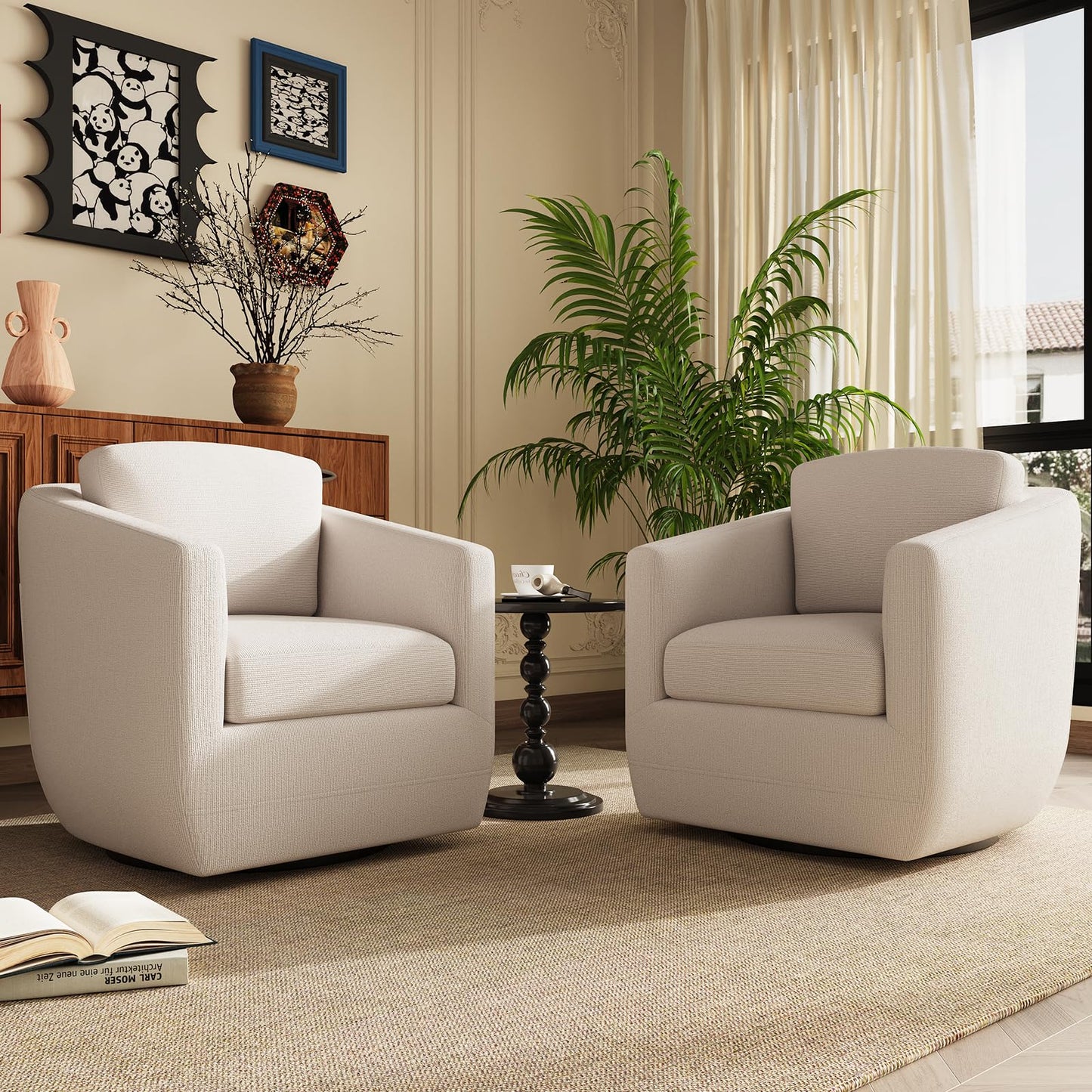 MALOL 360° Swivel Accent Chair Set of 2- Comfy Living Room Armchair No-Sag Foam & Sturdy Metal Base with Pillow, Fully Assembled Swivel Accent Single Sofa for Bedroom, Office, Beige