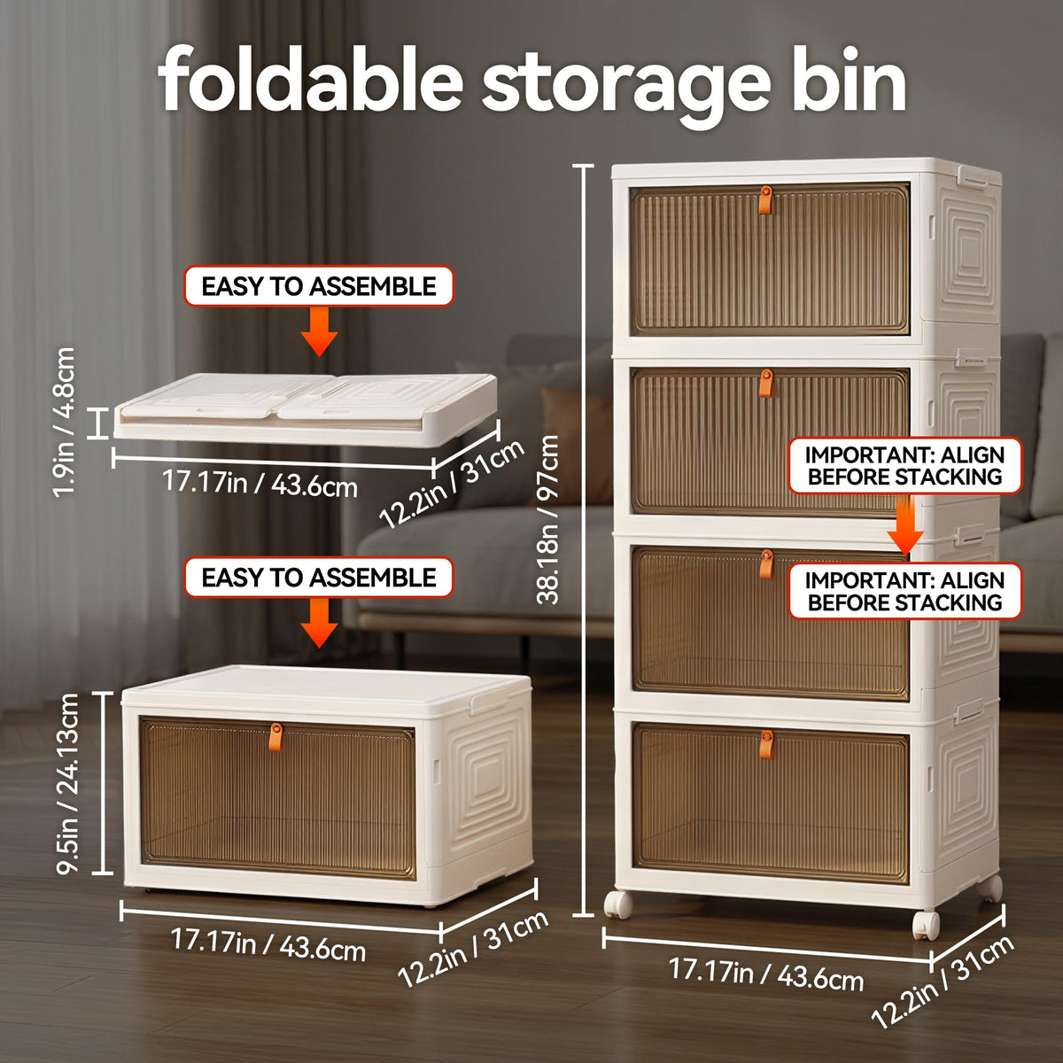 LDQ 4 Tier 136QT Foldable Storage Bins with Lids, Stackable Plastic Organizer Cabinet with Wheels, Multi-Purpose Containers for Living Room, Bathroom, Office & Dorm
