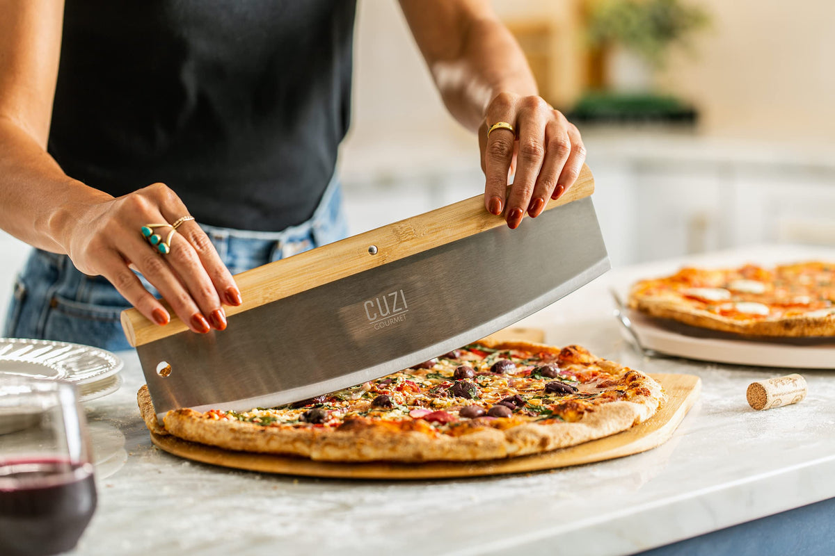 Cuzi Gourmet XL 4-Piece Pizza Stone Set - 15" Thermal Shock Resistant Cordierite Baking Stone, 22" Natural Bamboo Peel & Cutter Rocker - Large Stone for Grill and Oven