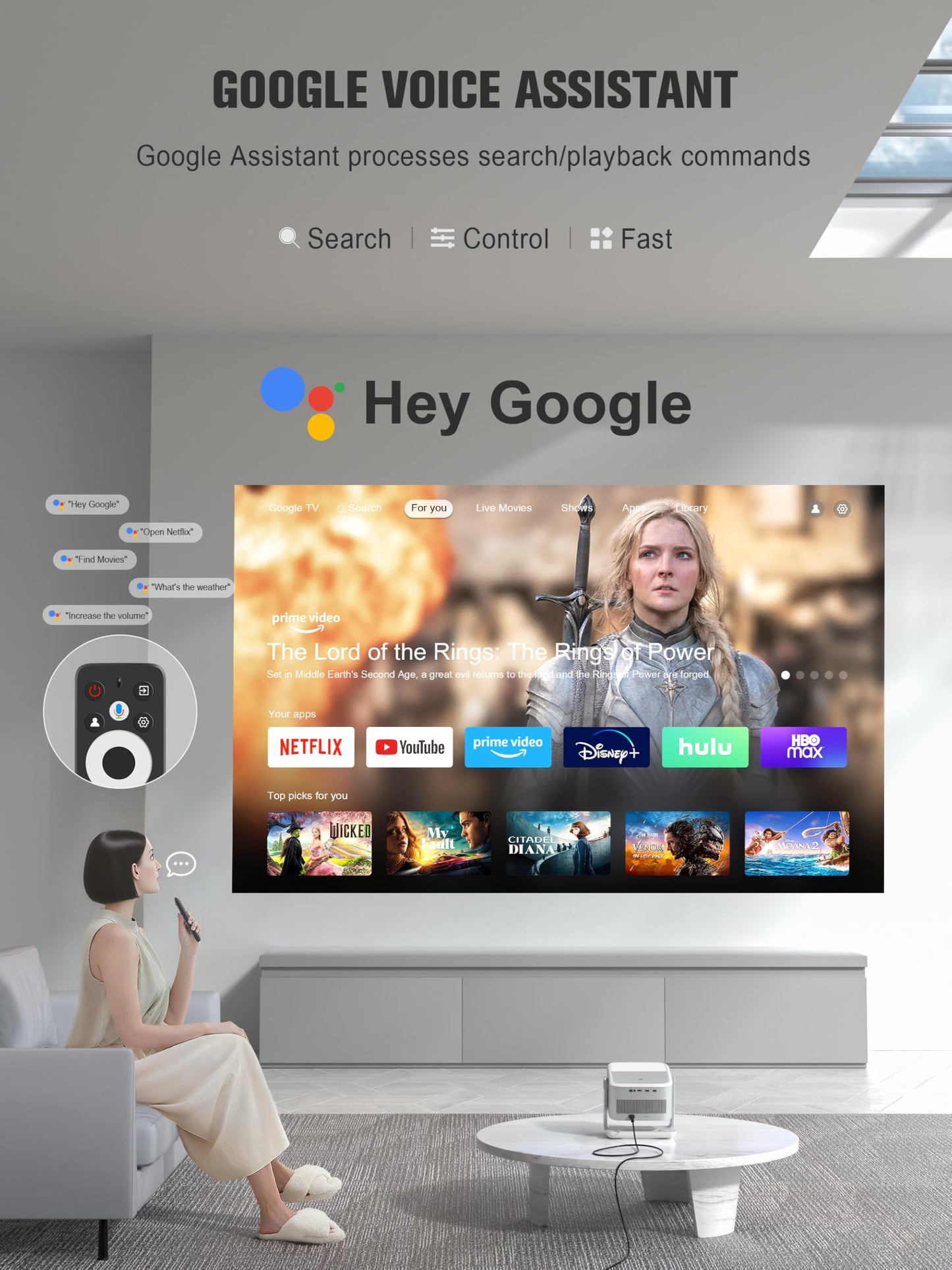 【Official Licensed Google TV】4K Smart Projector with WiFi and Bluetooth, VOPLLS Outdoor Projectors with Dolby/Auto Focus, Portable Movie Phone Wireless Gaming Wifi Proyector for Bedroom/Home/Celling