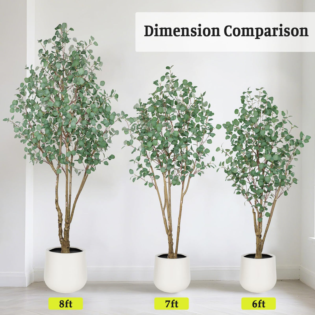 Artificial Eucalyptus Trees with White Planter, 8 FT Faux Eucalyptus Plants Indoor Tall Fake Floor Trees with Silk Leaves and Thick Trunk for Living Room Bedroom Corner Home Office Decoration