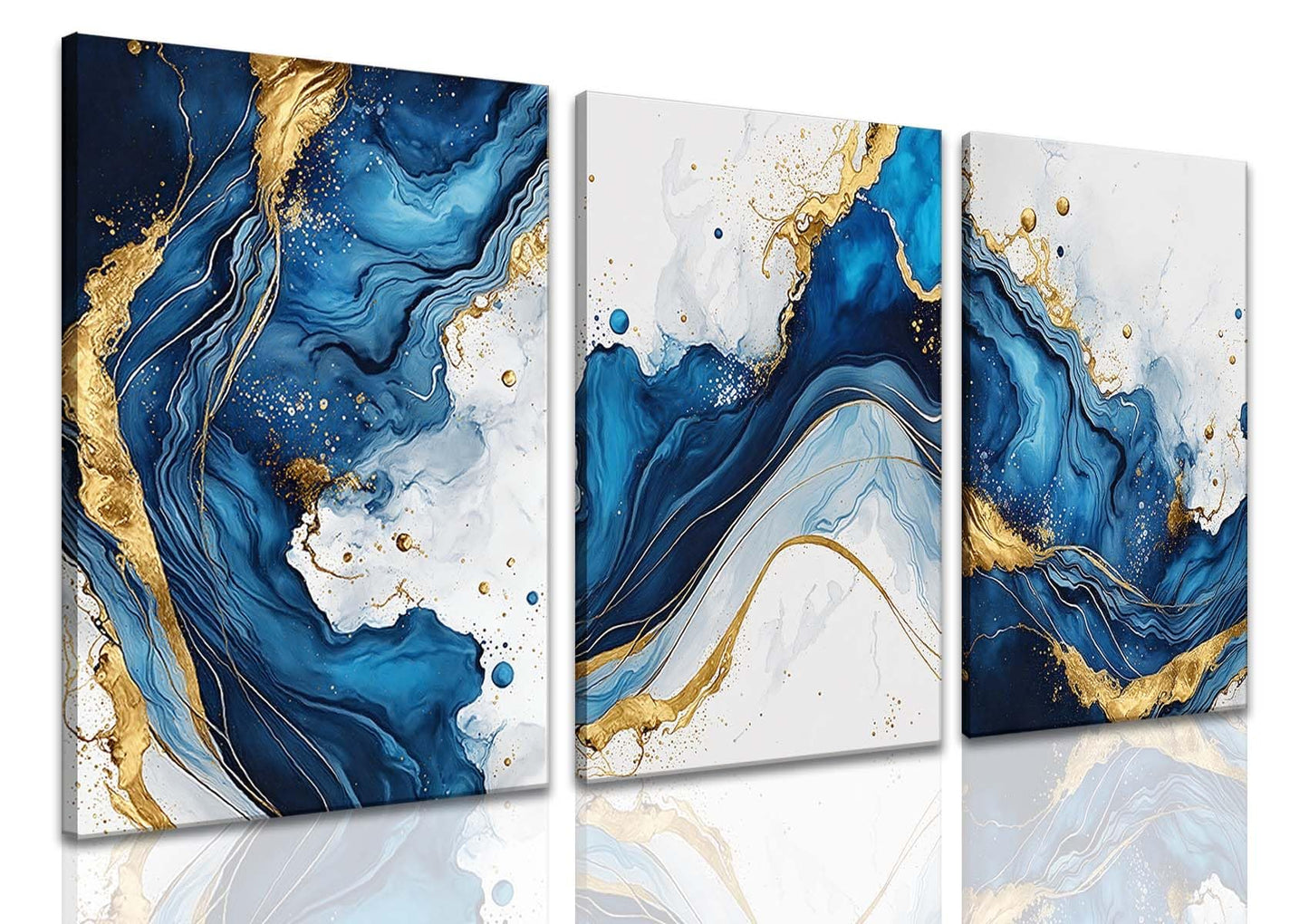 ZQARTZZQ 3 Piece Framed Wall Art Abstract Wall Decor Navy Blue and Gold Pictures Marble Foil Canvas Art Modern Minimalism Paintings Artwork For Living Room Bedroom Office 12x16in