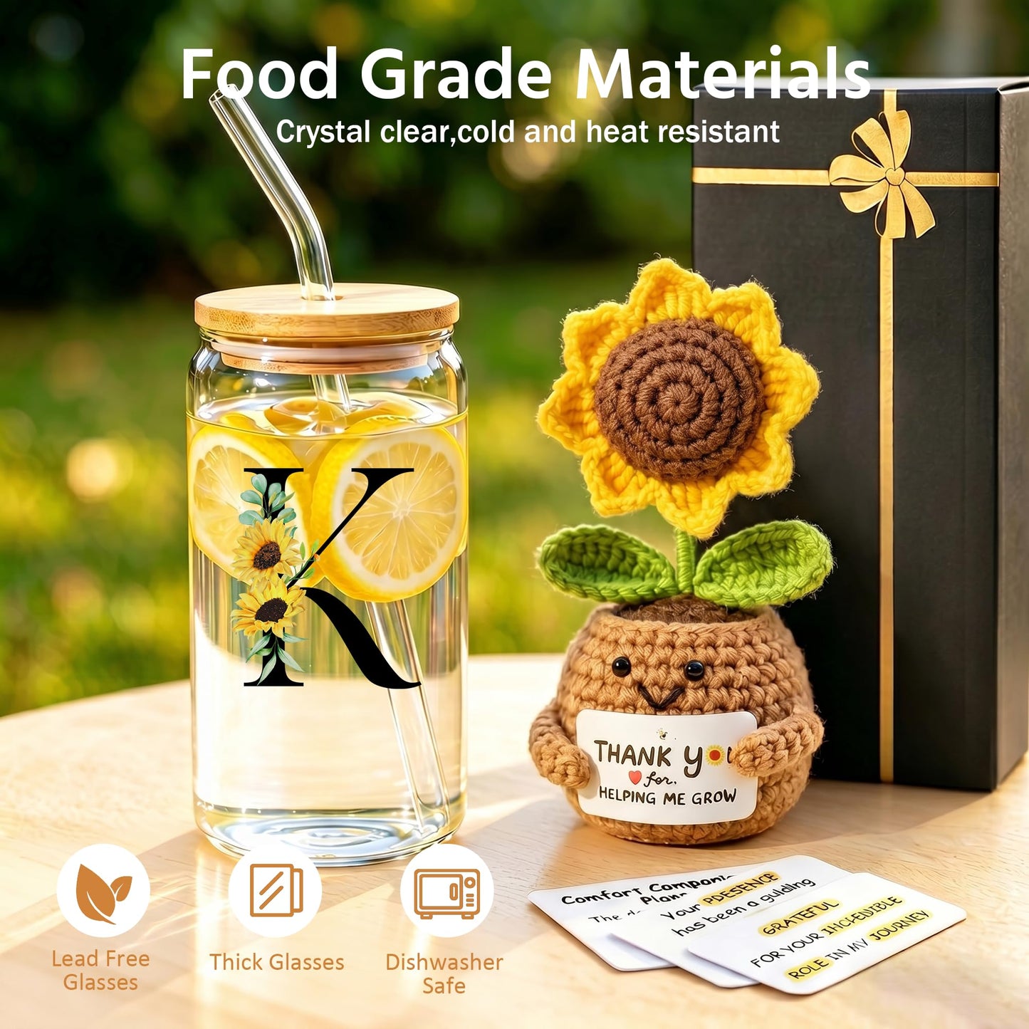 2 in 1 Personalized Glass Drinking Cup and Emotional Support Crochet Office Desk Sunflower Decor Women Paraprofessional Appreciation Admin Day Coworker Friend Thank You Gifts Social Worker Teacher A