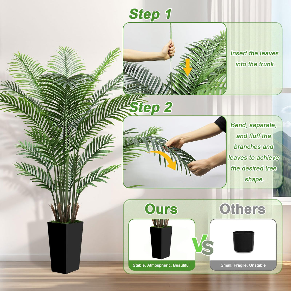 6FT Tall Fake Tree Artificial Palm Plant with Black Planter – Faux Indoor Plants Tree Decor for Home Office Living Room Corner