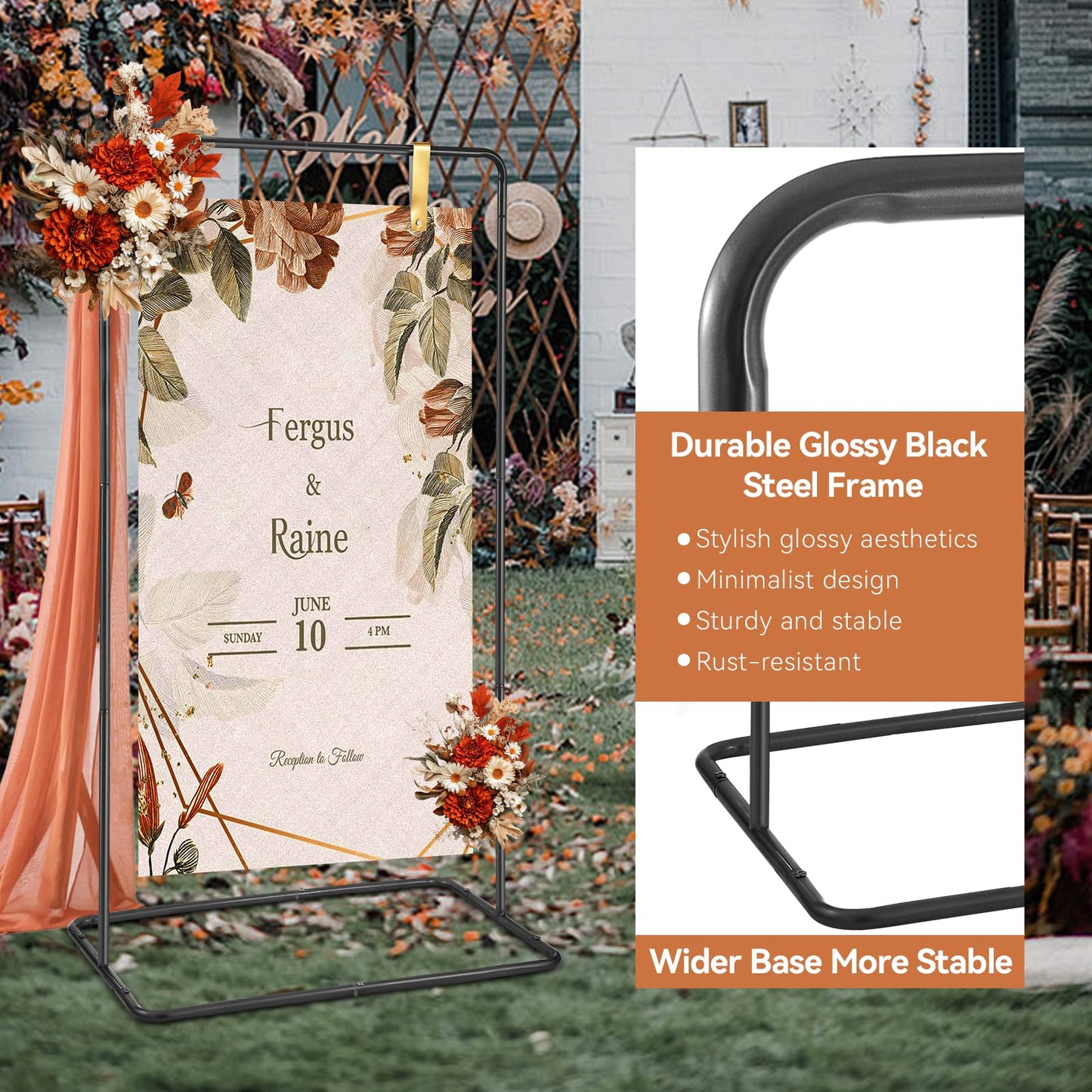 Wedding Welcome Sign Stand, 68”x31”x 20” Heavy Duty Easel Stand for Sign with 4 Leather Strap, Welcome to Our Wedding Sign Holder, Metal Floor Standing Easels for Valentines Day, Signs, Poster, Black
