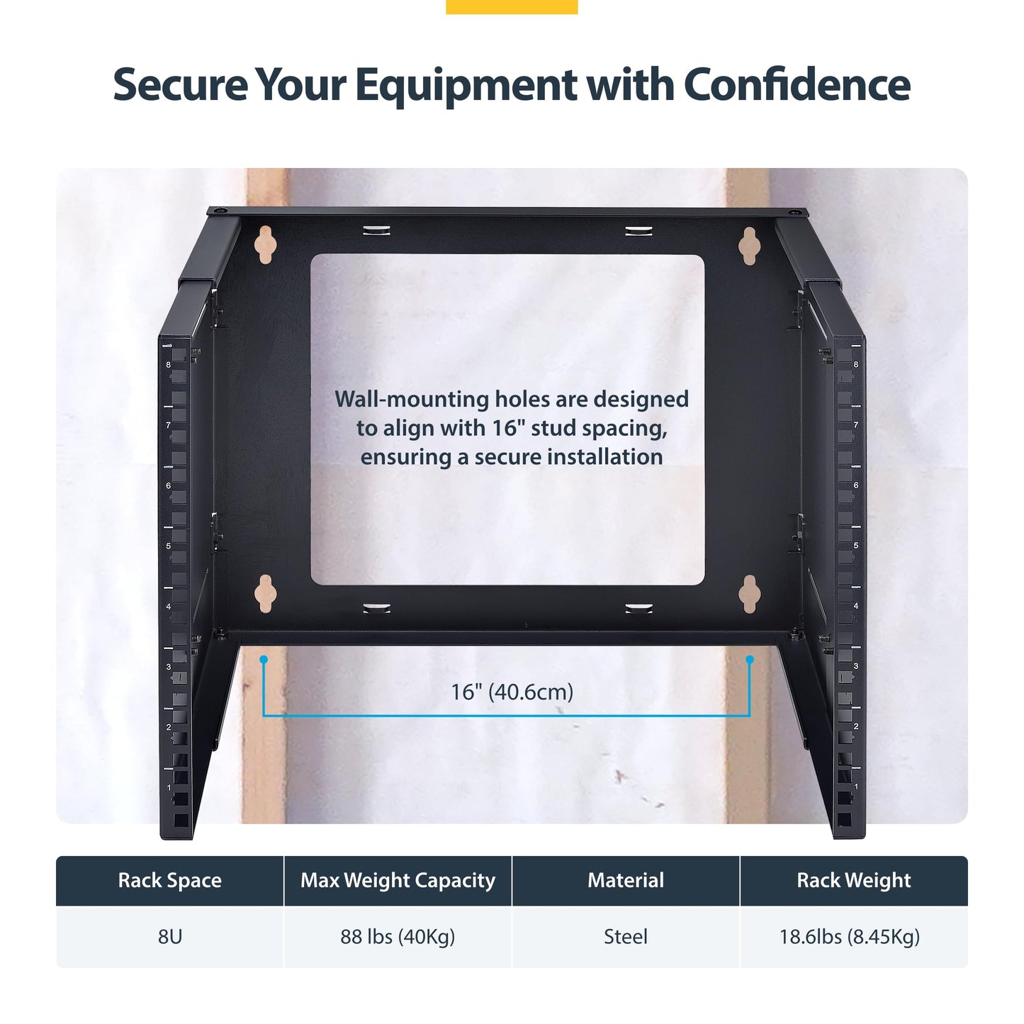 StarTech.com 2-Post 8U Wall Mounted Rack, Adjustable Depth up to 16in, for 19-inch Server/Data/Networking Equipment, Max 88lb