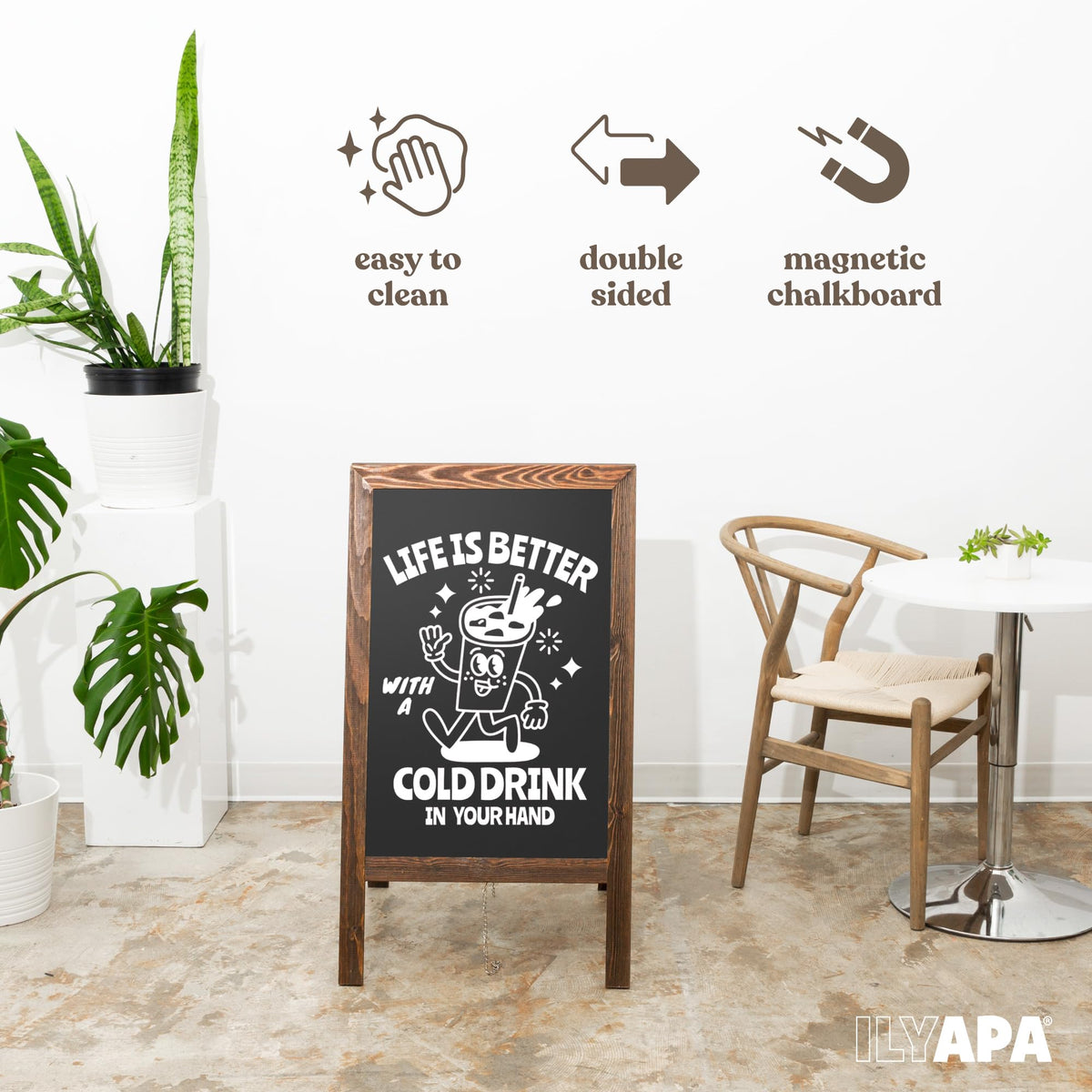 Ilyapa Wooden A Frame Sign Sandwich Board Signs Outdoor with Eraser & Chalk - 40x20 Inches Magnetic Chalk Board Easel Sign – Rustic Natural Wood Sidewalk Chalkboard Signs Menu for Restaurant, Business