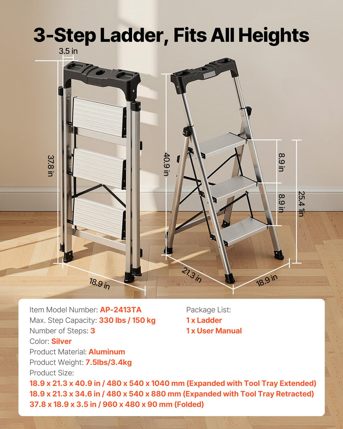 VEVOR 3 Step Ladder, Folding Step Stool with Wide Anti-Slip Pedal and Comfort Handgrip, 330 lbs Capacity Portable Aluminum Stepladder, Multi-Use for Kitchen, Warehouse, Household and Office, Silver
