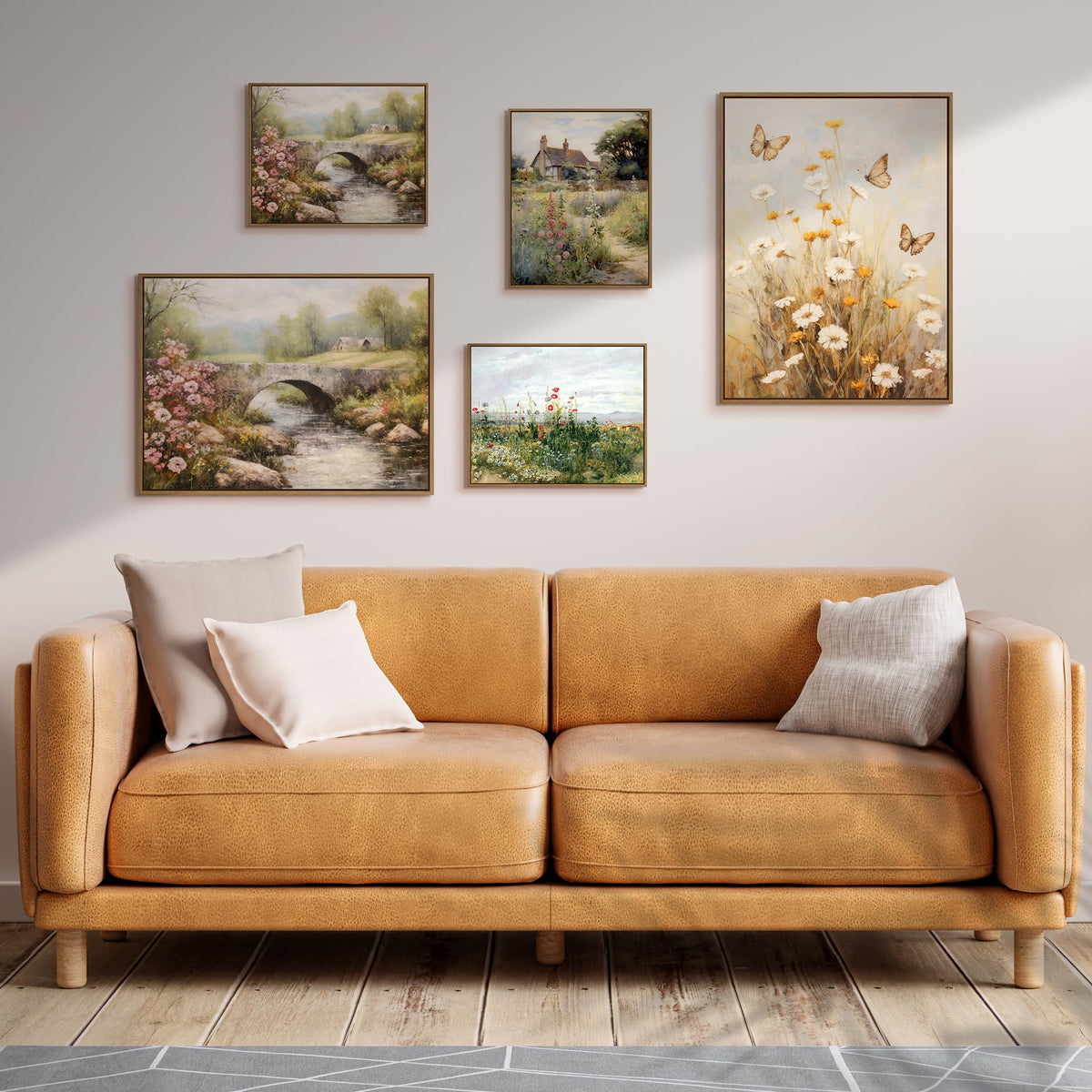 Gardenia Art Framed Country Landscape Wall Art Prints Mountain Bridge River with Blooming Flowers Wall Pictures Spring Scene Canvas Painting Nature View Artwork for Farmhouse Bedroom Home Office Decor