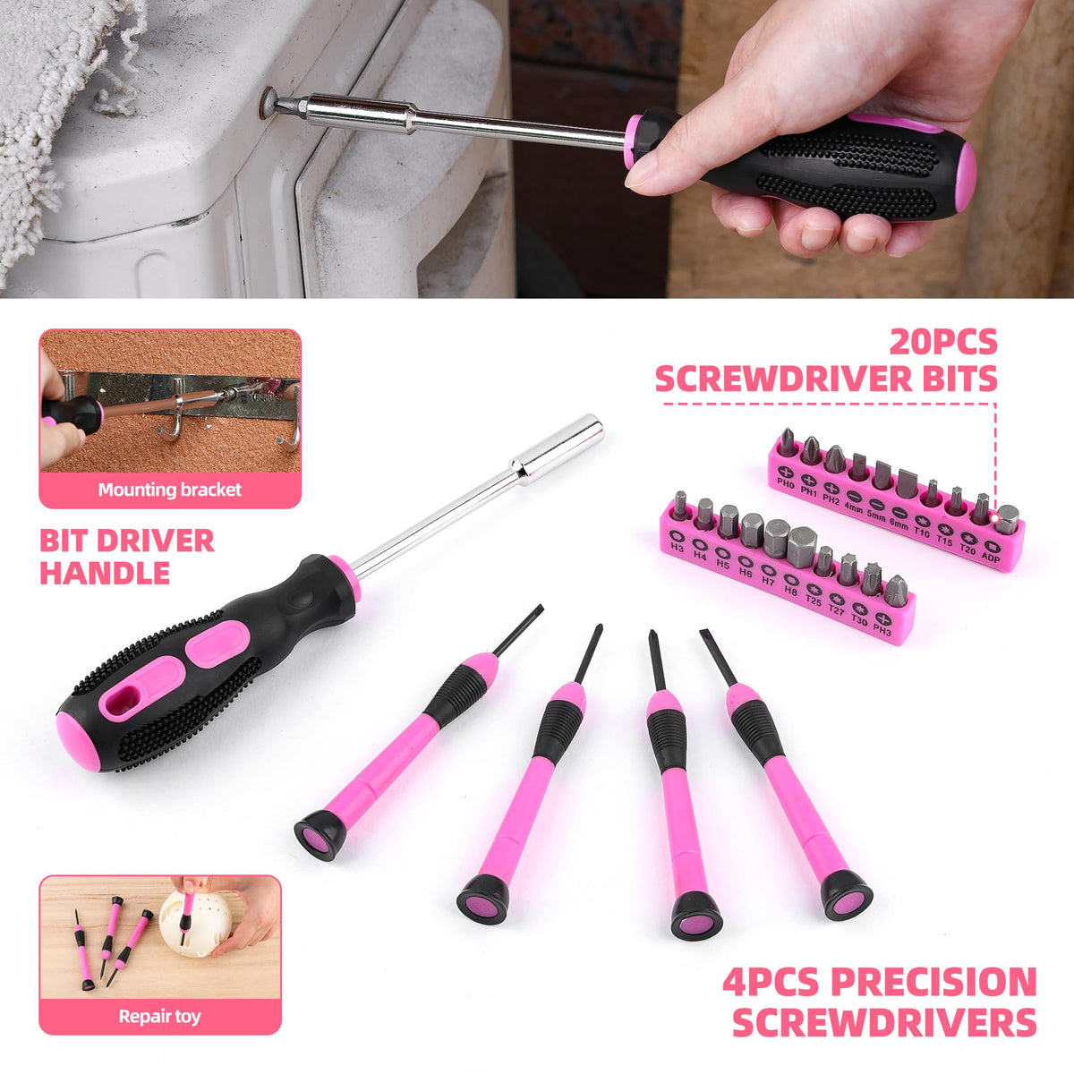 URASISTO 125 PCS Pink Household Tool Set, Pink Ladies Basic House DIY Toolkit Set for Home Garage Office College Dormitory Use, Hand Tool Kits for Women