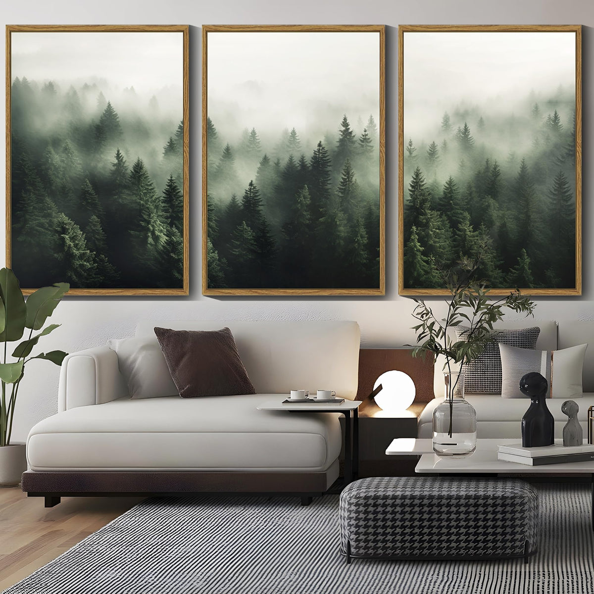 SHENIFY Green Fog Pine Tree Forest Canvas Wall Art Large 24x36in Framed Nature Modern Artwork Prints Decor - Natural Framed