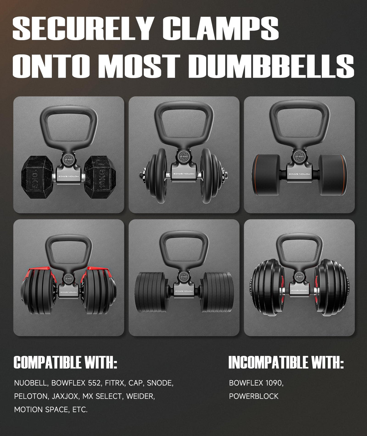 Motion Space Flexible Dumbbell Converter - Convert Dumbbells to Kettlebells 丨130 lb Weight Capacity, Adjustable & Enhanced Compatibility for Wide Range of Dumbbells, for Home Fitness