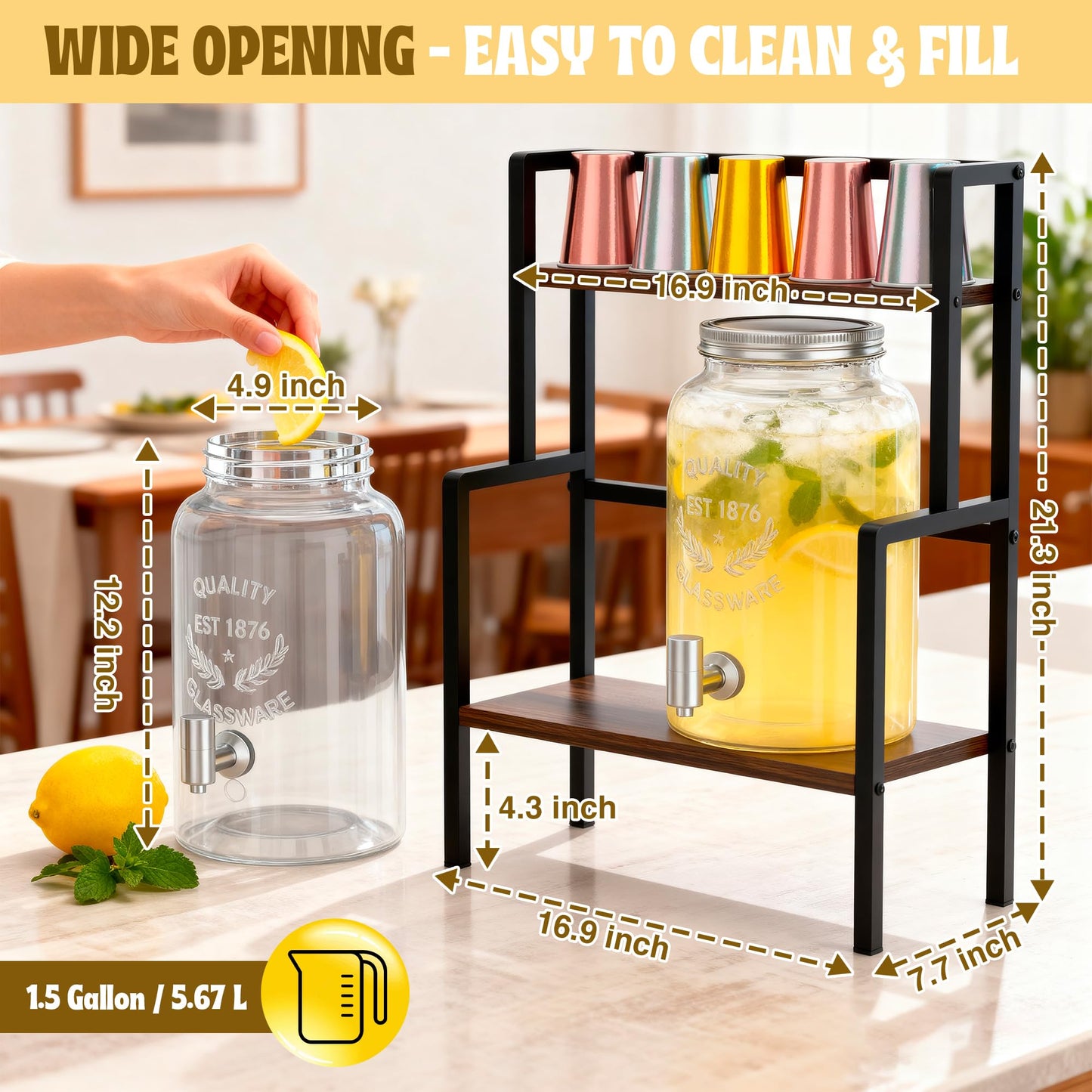 2PCS 1.5 Gallon Drink Dispenser - Glass Beverage Dispenser With Wood Stand and Leakproof Stainless Steel Spigot, Large Drink Dispenser for Parties, Lemonade, Iced Tea, Laundry Detergent Container