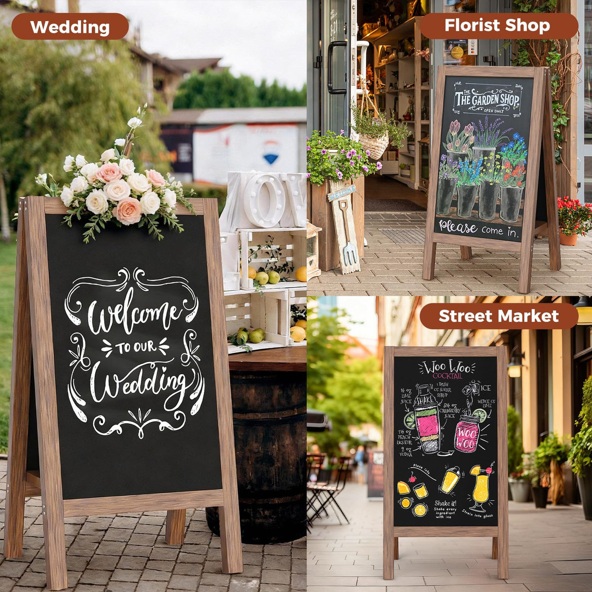 Vexiora Solid Wood A Frame Chalkboard Sign 40"x20", Magnetic Double Sided Sandwich Board, Upgraded Bottom Brace Stable Sidewalk Sign with 8 Liquid Chalk for Cafe Restaurant Wedding Home Business