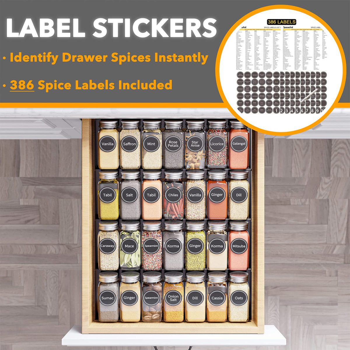 SpaceAid Spice Drawer Organizer with 28 Spice Jars, 386 Spice Labels, 4 Tier Seasoning Rack Tray Insert for Kitchen Drawers, 13" Wide x 17.5" Deep