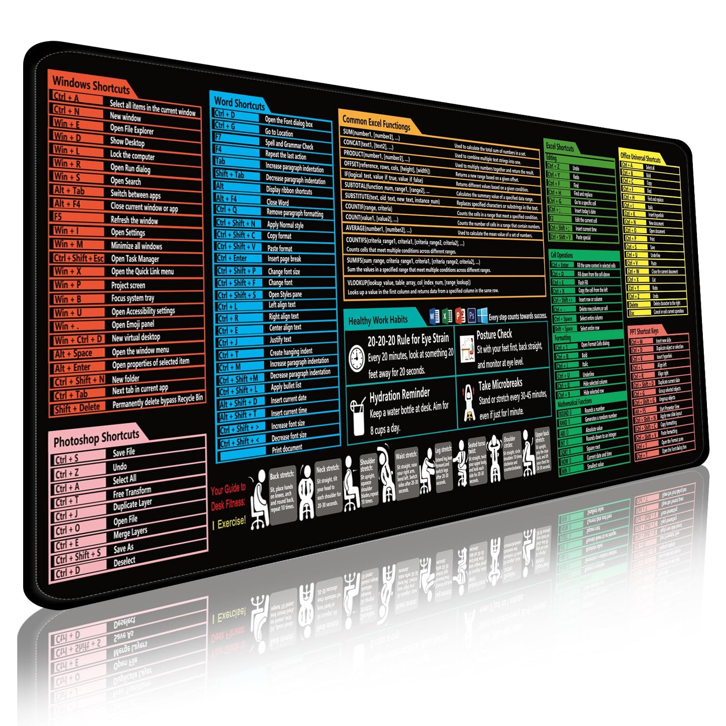 Excel Cheat Sheet Mouse Pad,Extended XL Mousepad(31.5" x 11.8"),Excel/Word/Power Point/Windows Mousepad,Non-Slip & Waterproof & Stitched Edges Gaming PC Office Desk pad mat