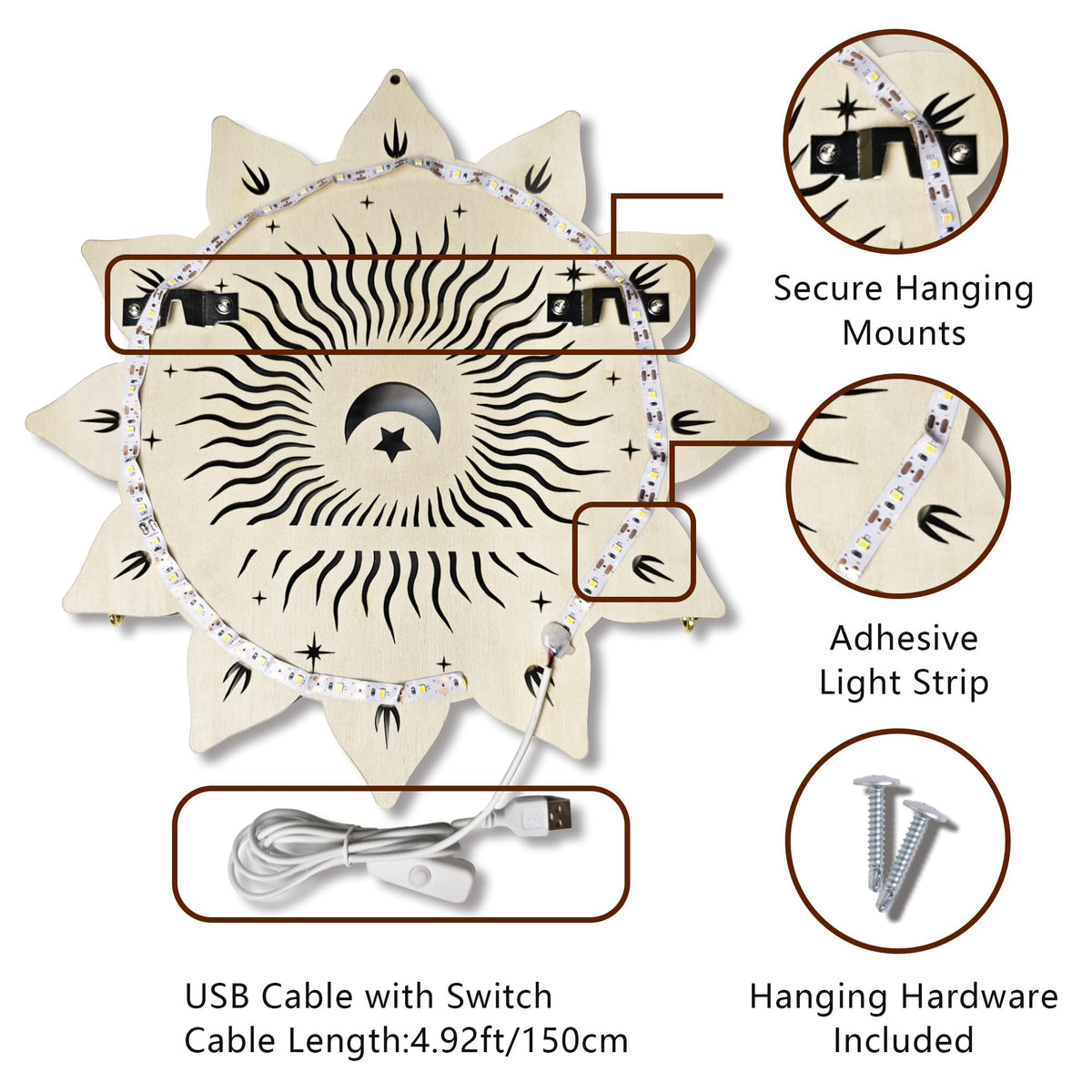 FNYDOX Chakra Lotus Flower Crystal Display Shelf with LED Light, Witchy Home Decor Boho Decorative Wall Mounted Trinket Shelf Wooden Sun Moon Shelf Rock Case Stone Storage Floating Hanging Holder