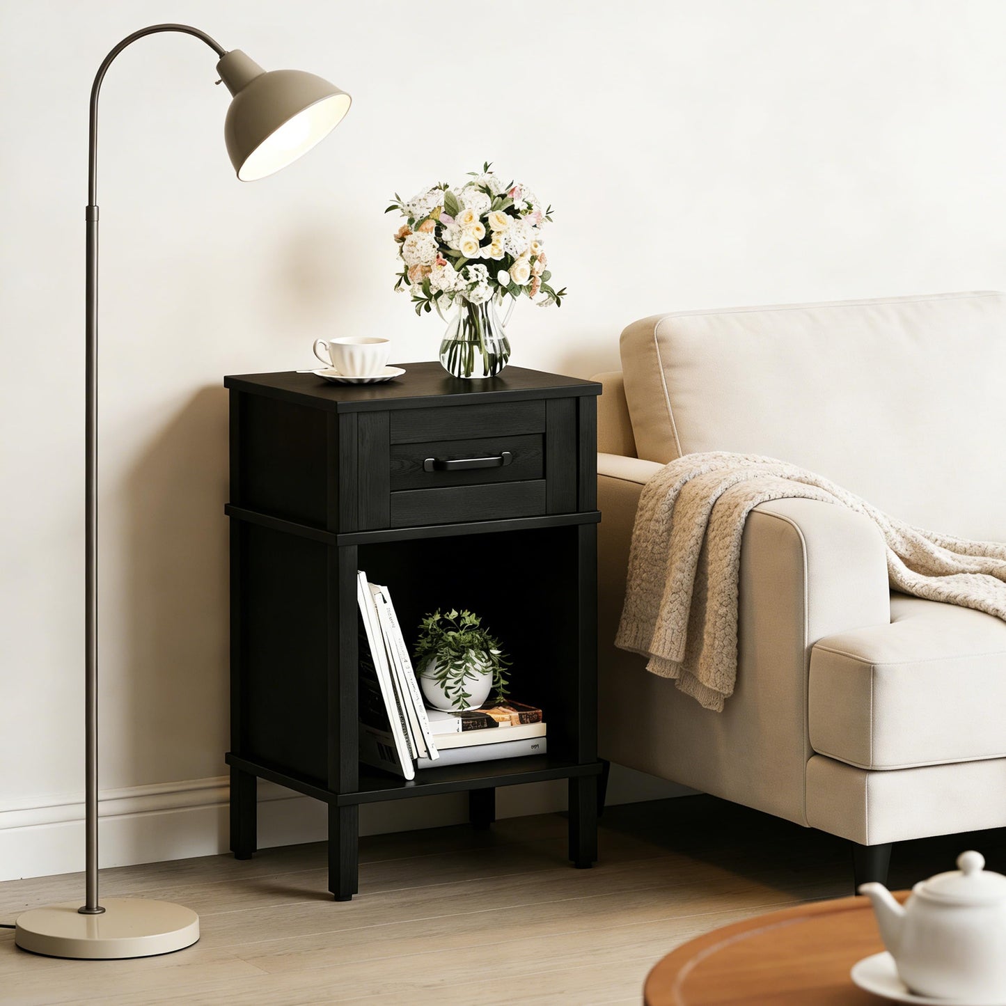 YAUKTAK Farmhouse Nightstand with Drawer, Small Wood Side Table, Wooden Bedroom Nightstand, Wood Night Stand, Black Bedside Table with Storage, Black End Table for Living Room LET512B