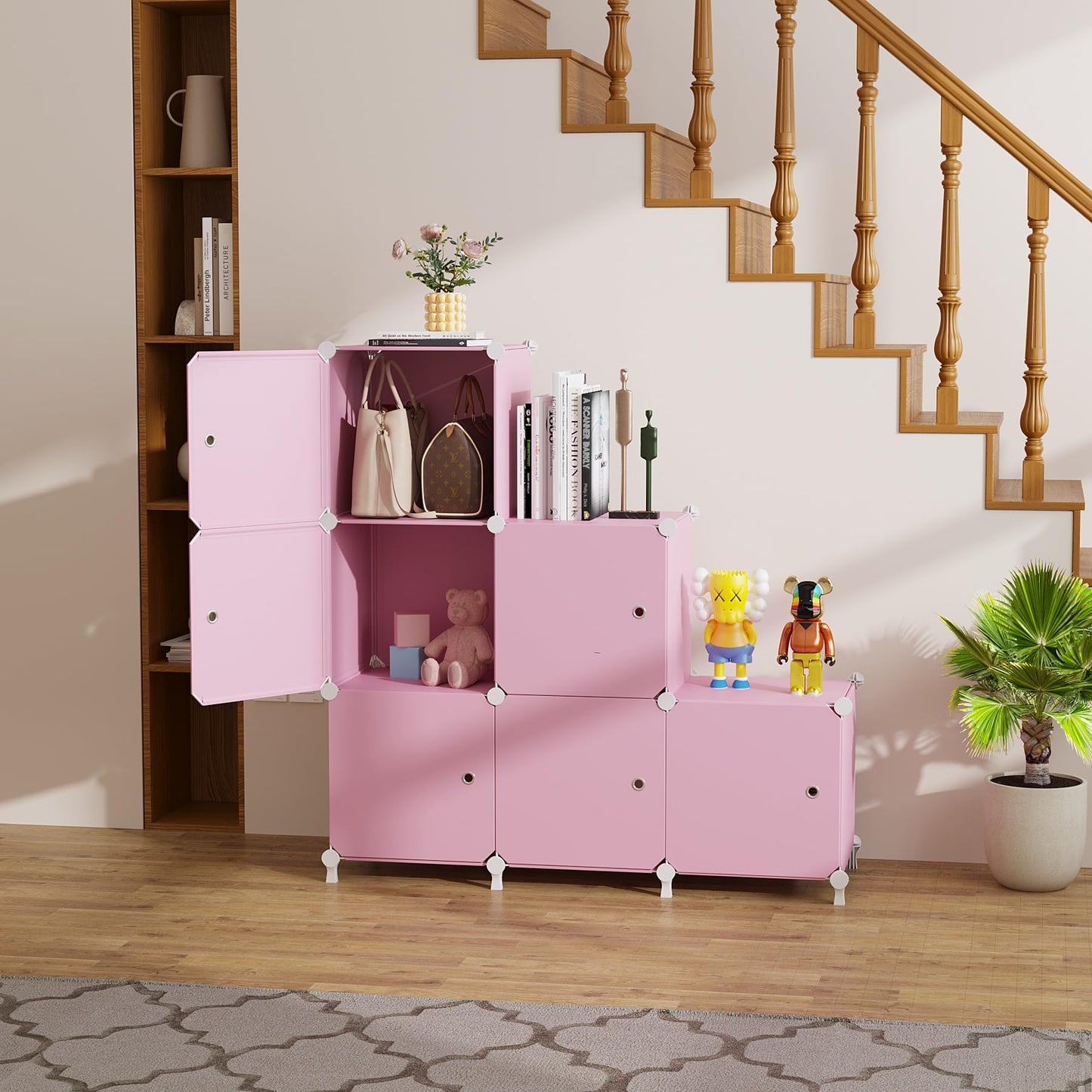 ATTDETJL Cube Storage Organizer, 6-Cube Shelves Unit with Doors, DIY Stackable Plastic Clothes Organizer for Bedroom and Under Stairs Storage Unit, Each Compartment 30 x 30 x 30 cm Pink ATTSL6006