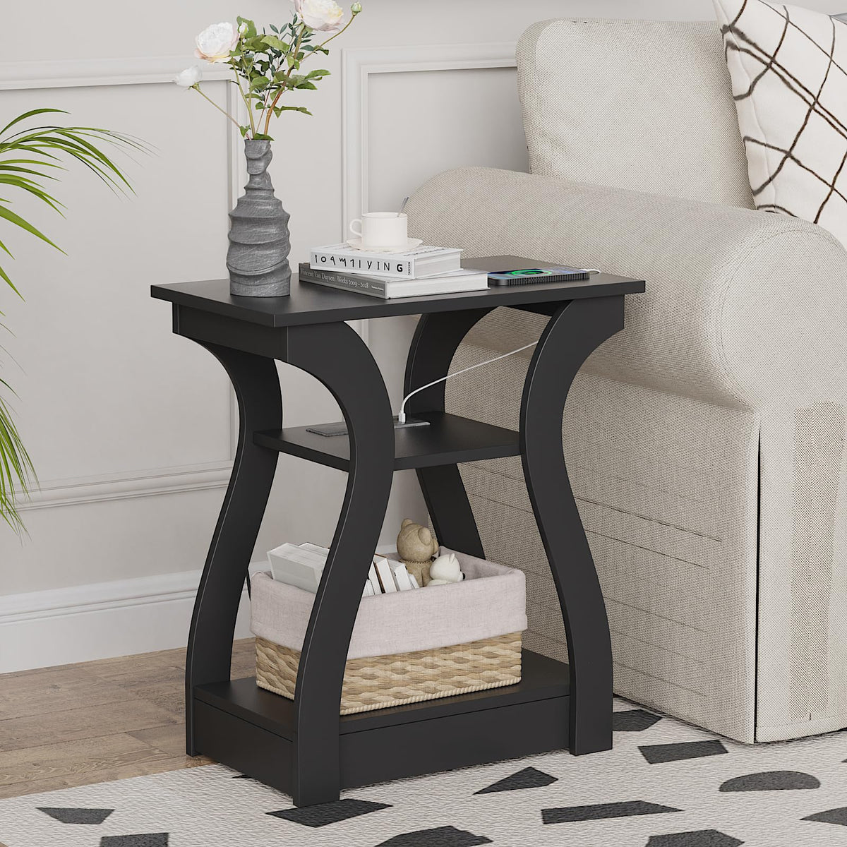 FROMJBEST End Table with Charging Station, Side Table with USB Ports and Outlets, Nightstand, 3 Tier End Table with Storage Shelf for Living Room, Bedroom (Black)