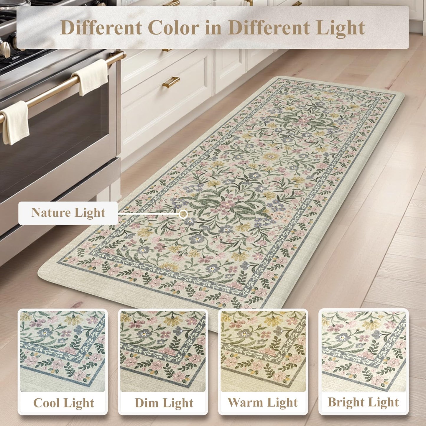Collive Anti Fatigue Mat for Kitchen Floor, Spring Floral Kitchen Mats for Floor Set of 2, Beige Cushioned Waterproof Sink Rugs Non Slip Comfort Standing Rug for Office, Laundry, Desk