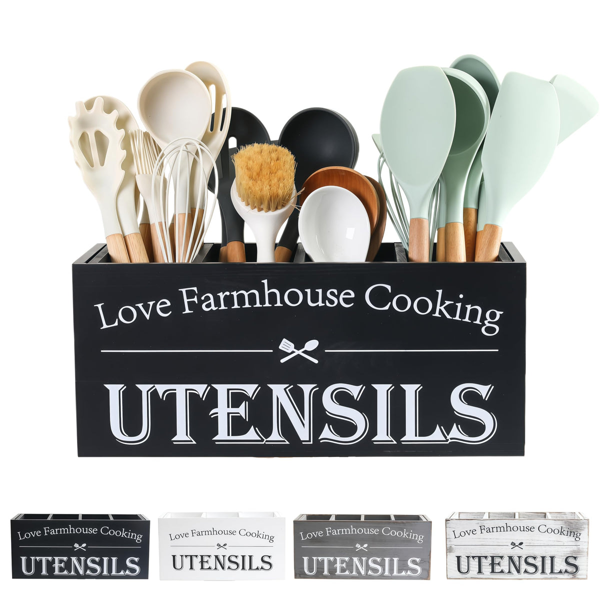 LIBODOUR Utensil Holder,Kitchen Utensil Holder For Kitchen Counter,Extra Large Cooking Spatula Organizer,Farmhouse Wooden Big Storage With 4 Compartments Rustic Flatware Spoon Tool Organizer （Black）
