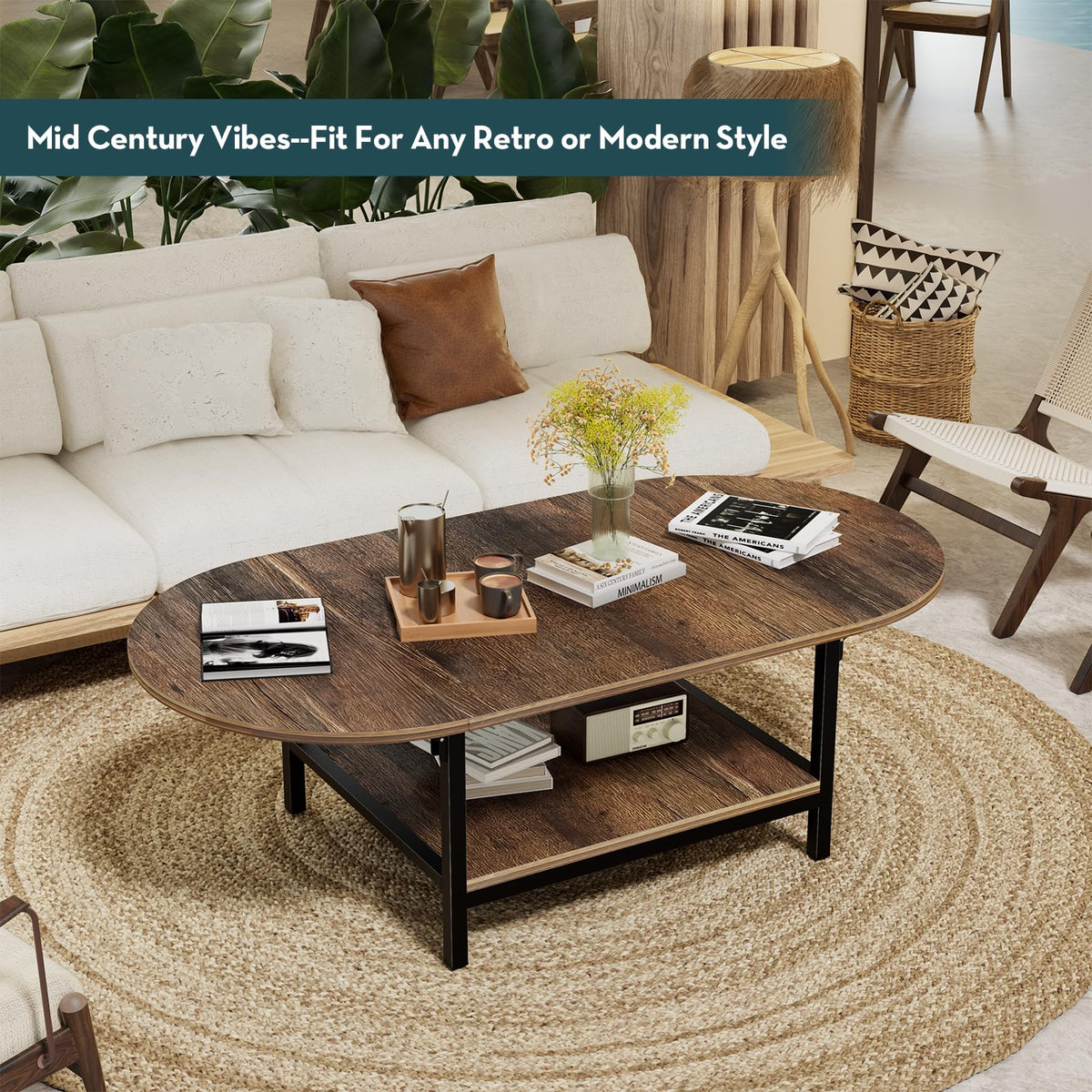 SAYGOER Folding Coffee Table for Living Room, Small Coffee Tables with 2-Tier Storage, Mid Century Modern Center Table for Small Space, Oval Farmhouse Table Square, Dark Brown
