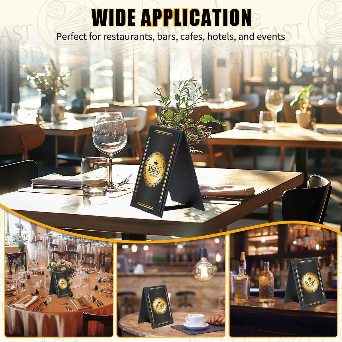 FLKQC 12 Pack Double-Sided Menu Holders 4"x 6", PU Leatherette A-Frame Table Tents for Restaurant, Bar, Cafe, Wedding, Durable and Foldable Design (12 pack, 4" x 6")