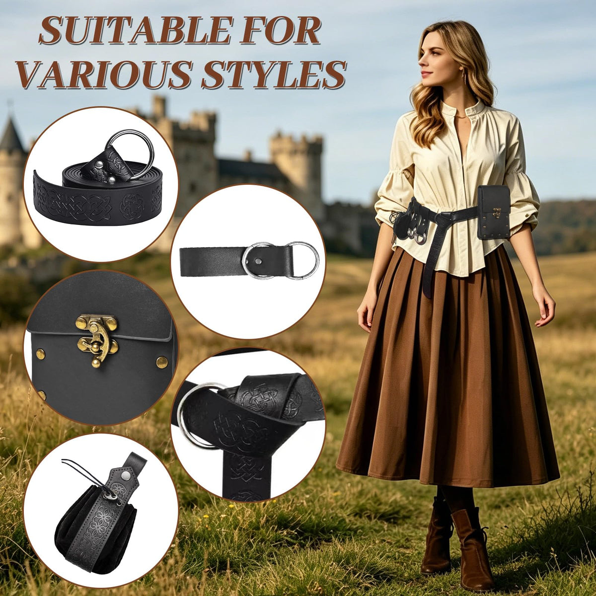 Renaissance Belt Pouch Medieval Viking Pirate Leather Bag Detachable Chains Arm Set Skirt Hike Halloween Cosplay Costume Accessories (Black-2Pouch)
