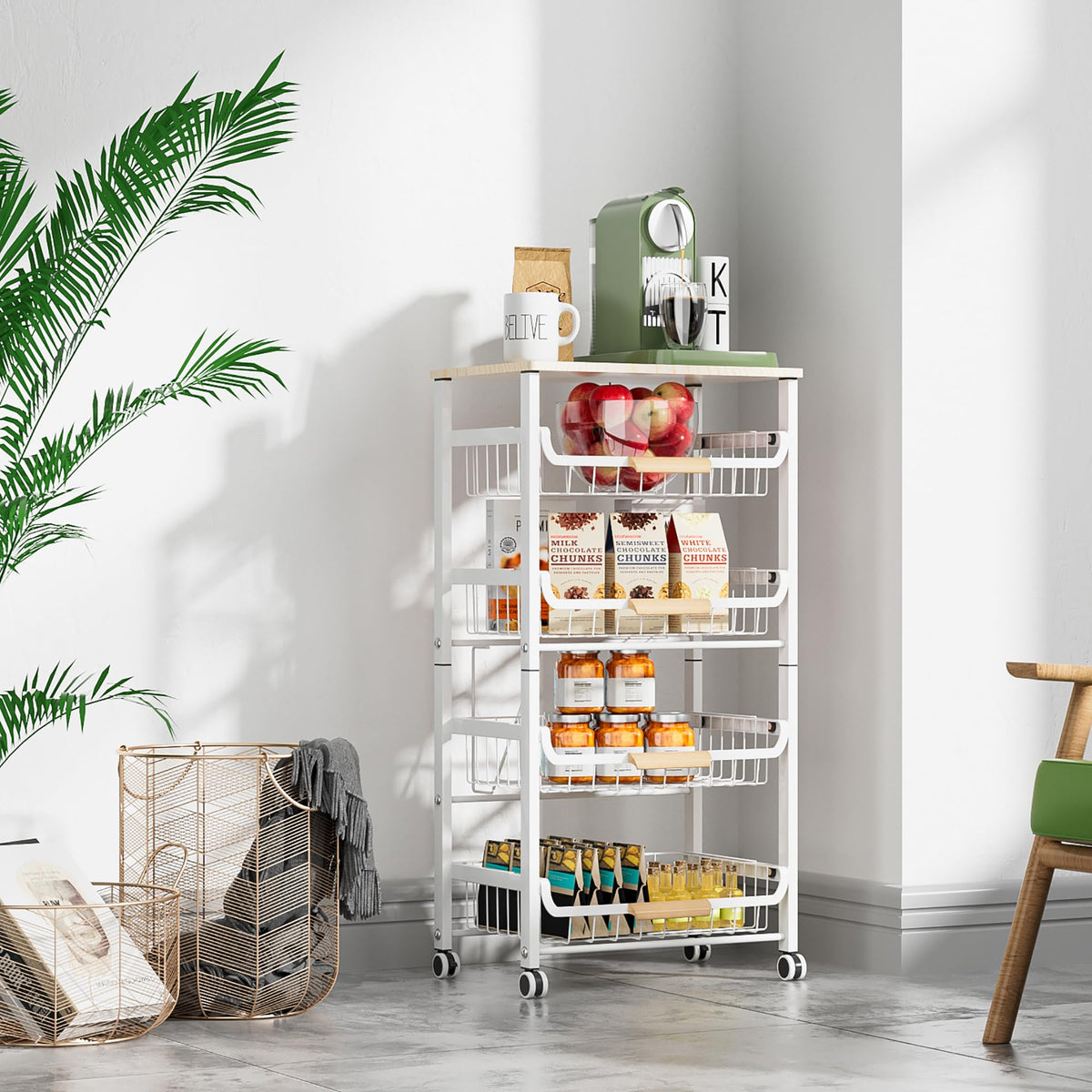 NiuYichee 5-Layer Fruit Basket Kitchen Food Organizer and Rack, Stackable Storage Cart with Desktop, Pull-Out Hollow Metal Basket, Wheeled Sorting Rack Spice Rack, Black