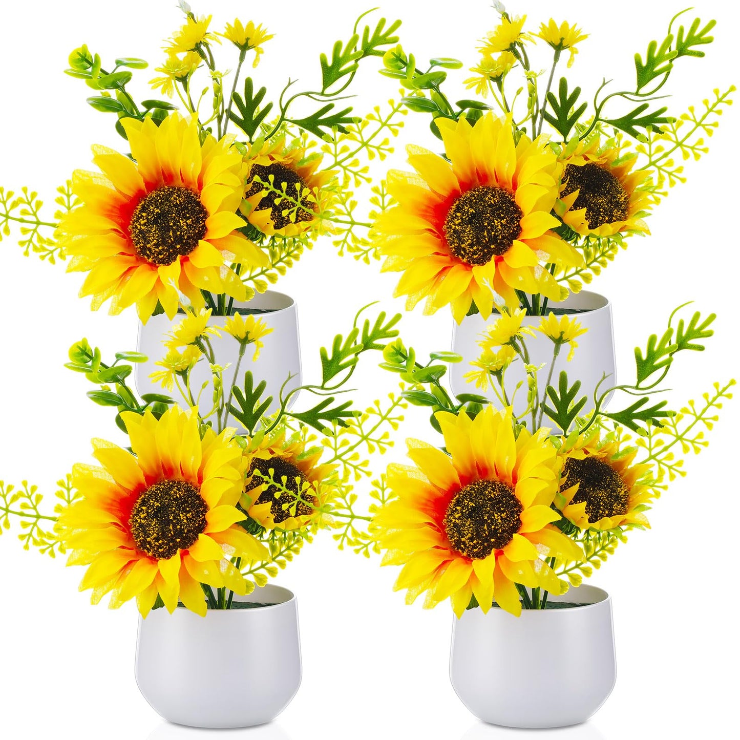 Zeyune 4 Pcs Sunflower Potted Plants Rustic Summer Spring Kitchen Wedding Table Centerpieces Silk Yellow Fake Flower with Plastic Pot for Home Bathroom Office (Classic,Sunflower)