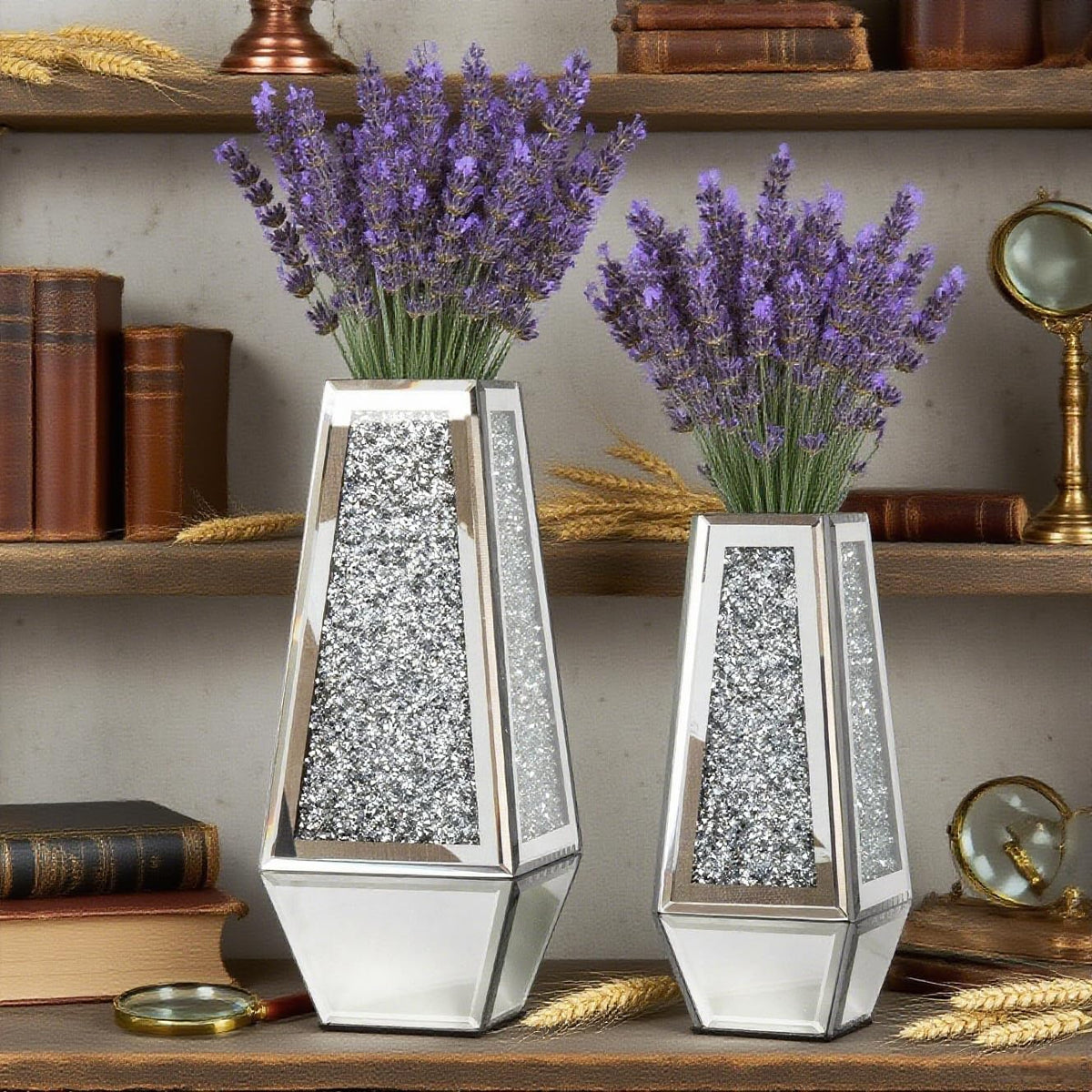 SHYFOY Crushed Diamond Mirrored Vases Set of 2, Silver Glass Flower Vases for Table Home Decor Crystal Vase for Dried Flowers Centerpieces - Can’t Hold Water