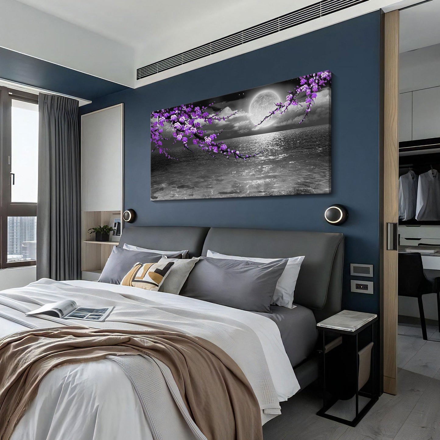Large Purple Wall Art Decor for Living Room Bedroom Framed Black and White Seascape Full Moon Purple Flower Painting Canvas Picture Modern Hand-Painted Plum Blossom Artwork for Home Office