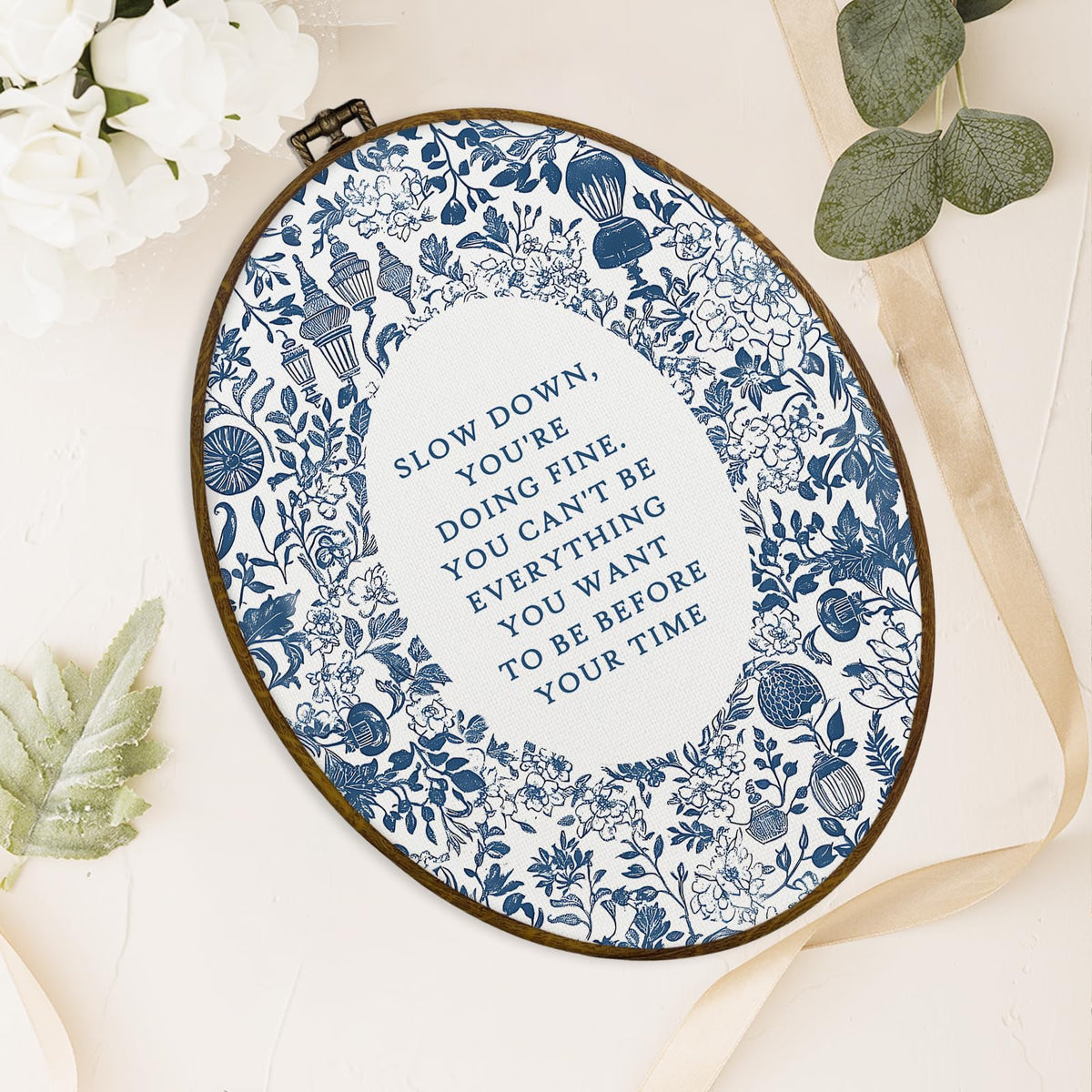 dvhdajed Slow down You're Doing Fine Oval Wall Art Decor,Blue and White Floral Botanical Framed Canvas Art, Boho Aesthetic Inspirational Wall Hanging Decor for Gallery Bedroom Office,8.7x11.3