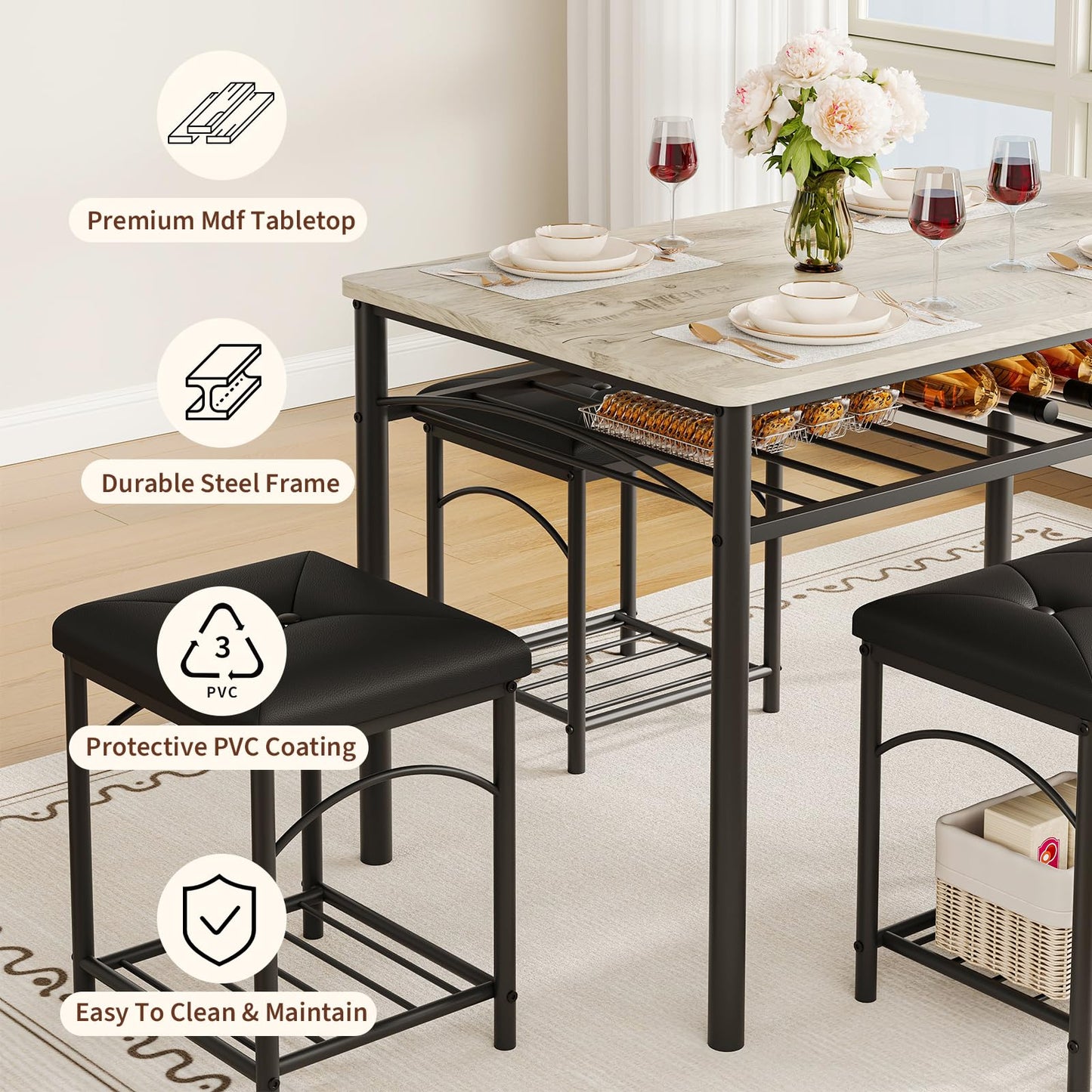 Hetoy Space-Saving 4-Piece Dining Table Set – Modern Table with Upholstered Bench & 2 Stools – Strong Wood & Metal Frame, Storage Shelf, Great for Small Dining Areas – Teak Oak Top + Black Legs