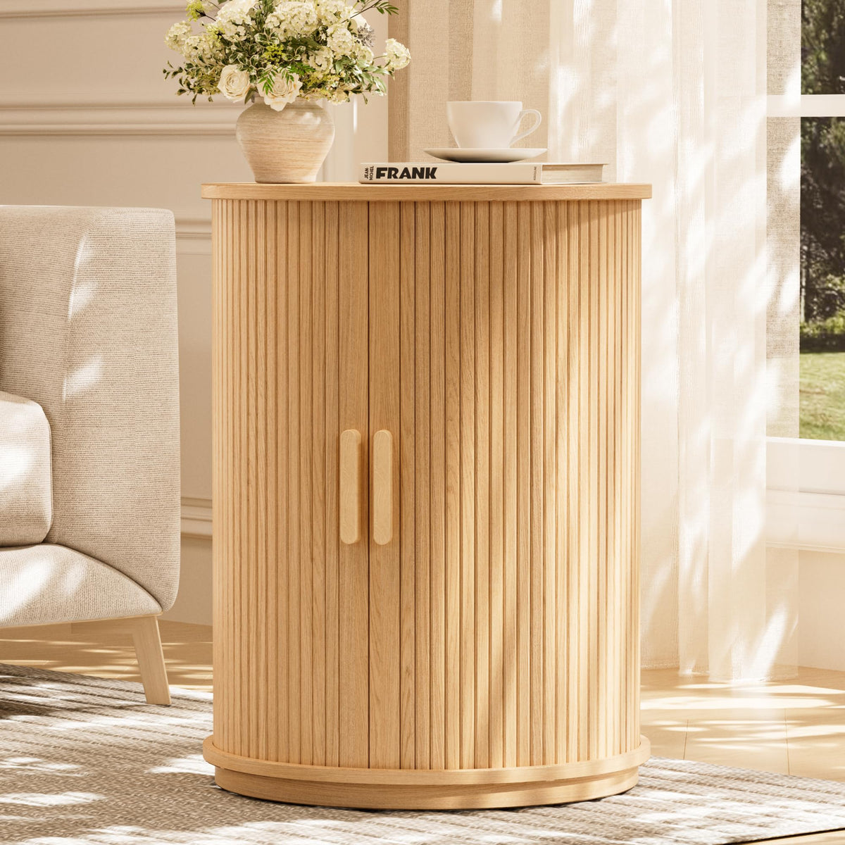 INNOD Side Table with Storage for Living Room, Round End Table with Sliding Tambour Door, Wood Night Stand Nightstand Bedside Table for Bedroom, Small Round Side Table, Mid Century Modern, Light Oak