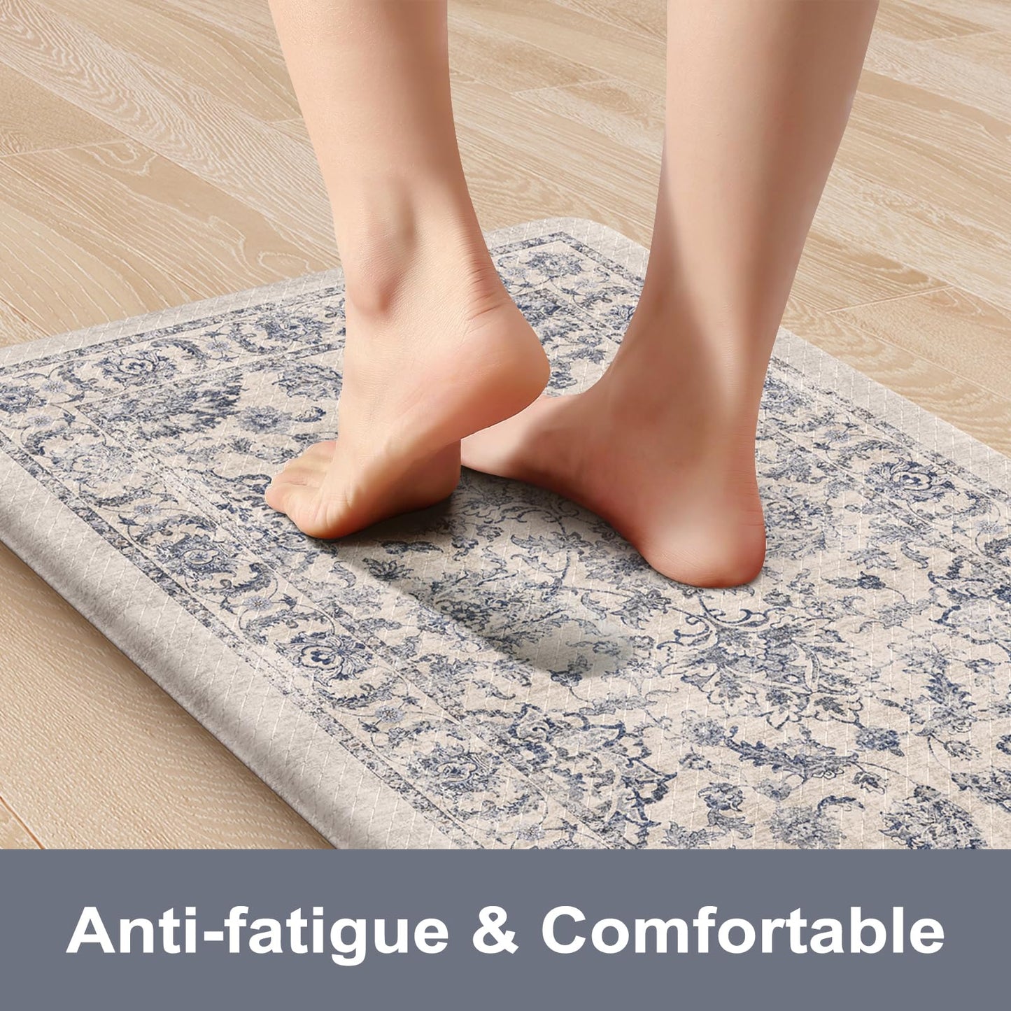 KIMODE Anti Fatigue Kitchen Mats for Floor, Boho Floral Kitchen Rugs 17"x29.5"+17" x47”, Cushioned Mats for Kitchen Floor, Non Slip Kitchen Floor Mats, Sink, Laundry, Office, Desk Blue Multi