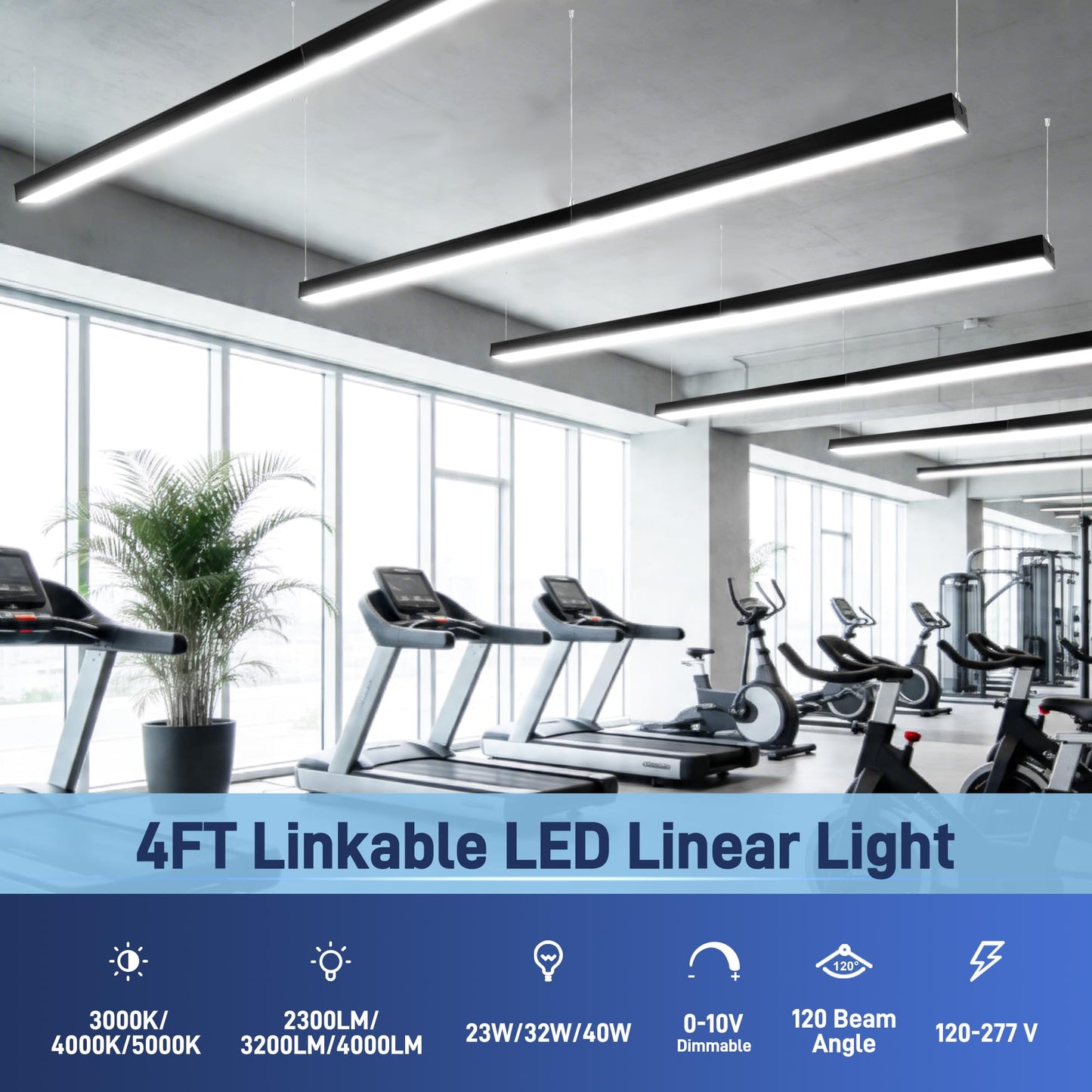 hykolity 4FT LED Architectural Suspended Linear Channel Light Linkable, 23/32/40W 3000K/4000K/5000K CCT Selectable, 0-10V Dim Office Lighting Fixture for Commercial Places, 4600lm, ETL, 4 Pack - Black