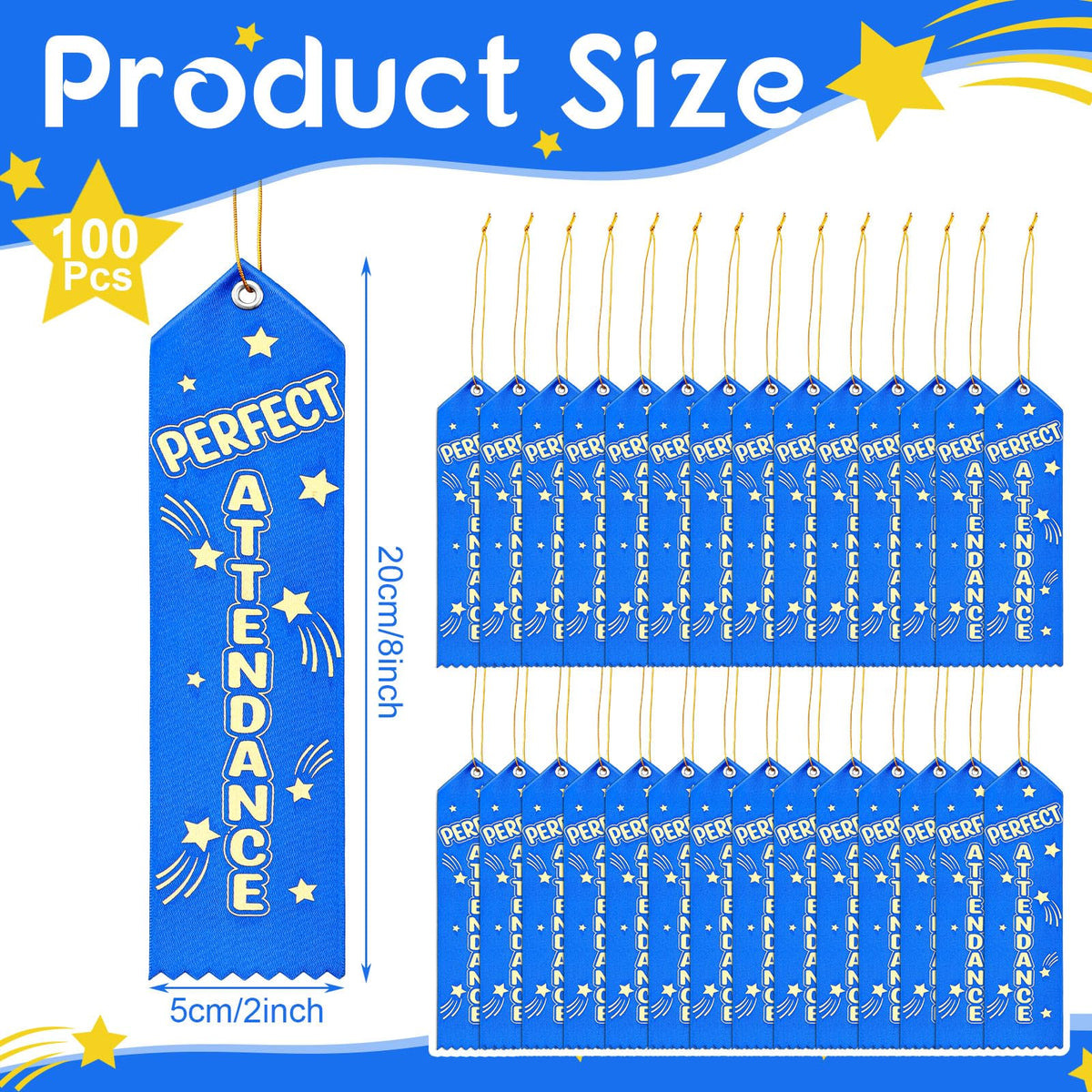Wavwavw 100 Pcs Perfect Attendance Ribbons Bulk 8" x 2" Prizes Ribbons with Event Card and String Award Prize Gift for Tournaments Competitions Party Classroom Home Study Supplies