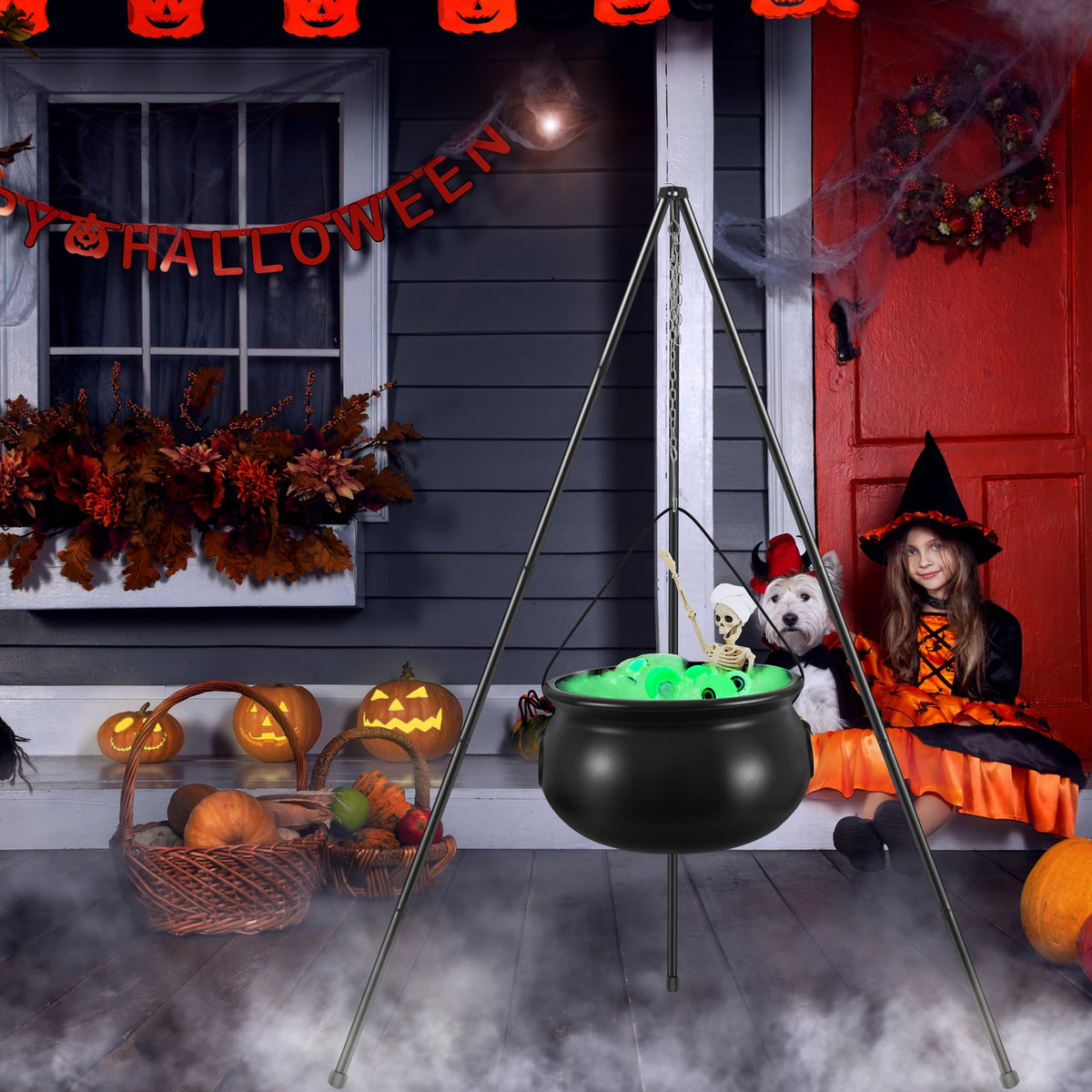 Halloween Decorations Outdoor Indoor,Large Witches Cauldron on 52" Tripod with String Lights, Skeleton and Eyeballs,Hocus Pocus Decor,Witches Cauldron for Yard Patio Garden Lawn Decorations.