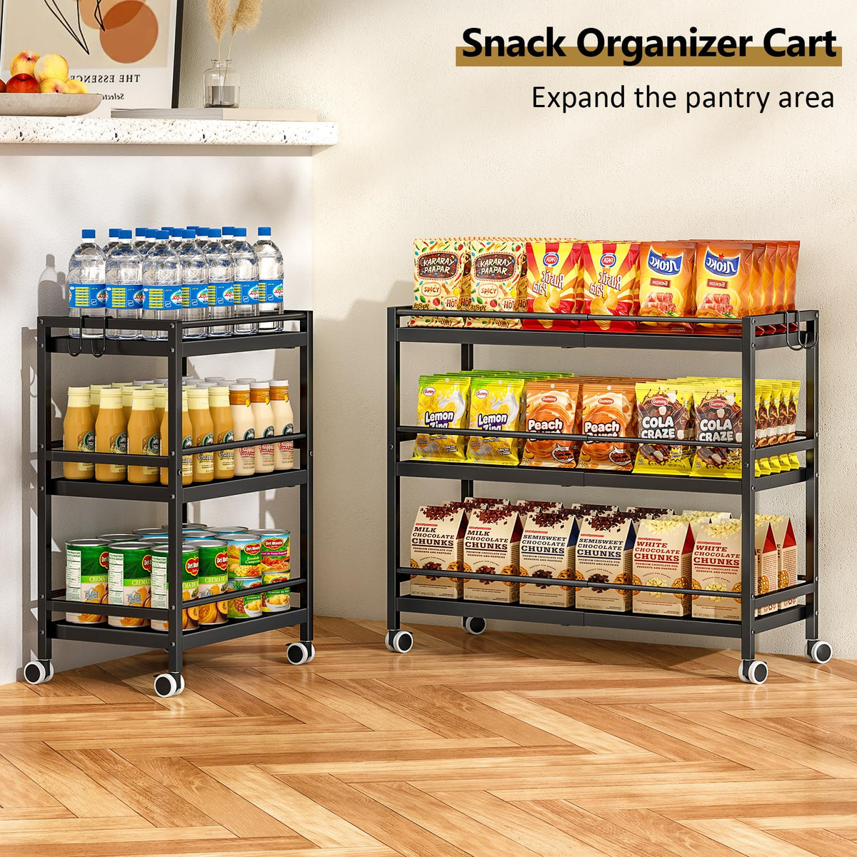 3-Tier Expandable Rolling Pantry Organizers and Storage Cart with Wheels, Adjustable Pantry Floor Organizer, Snack Cart for Pantry, Kitchen Storage Cart with 4 Hooks for Snack, Food, Vegetables
